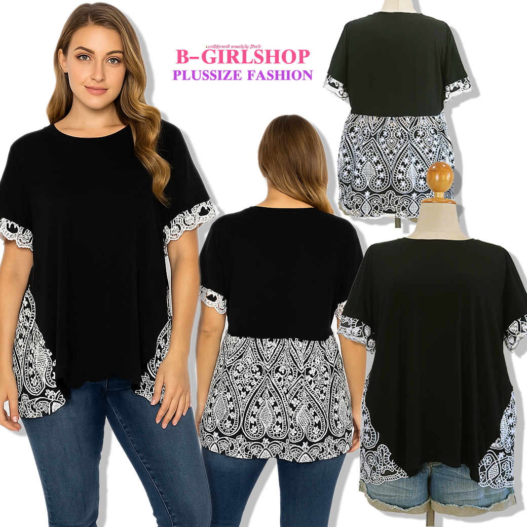 Ha6827-2 *แบรนด์นอก Cato* ไซส์ 26/28 เสื้อยืดสาวอวบสีดำแต่งลูกไม้ฉลุโปร่งนิดๆ เพิ่มดีเทลเก๋ทั้งหน้า และ หลัง รอบอก 58 ยืด 62 วงแขน 26 - 30 ชาย 66 - 70 ยาวหน้า 29 หลัง 31 นิ้ว