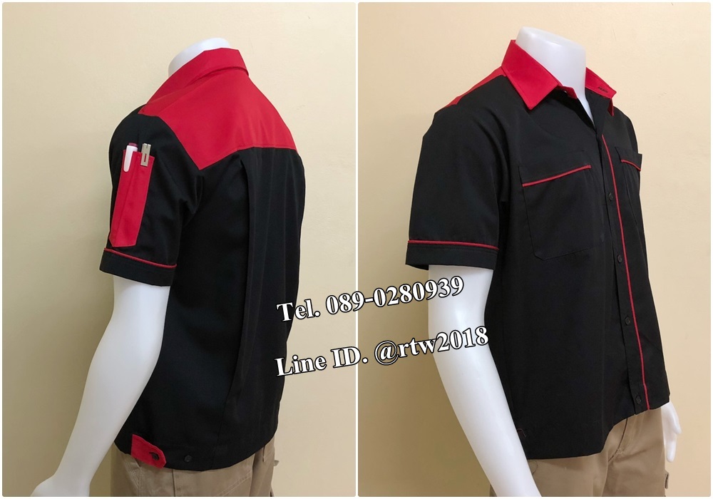 เสื้อช่างแขนสั้นแบบดำบ่าแดง (รหัส A83)