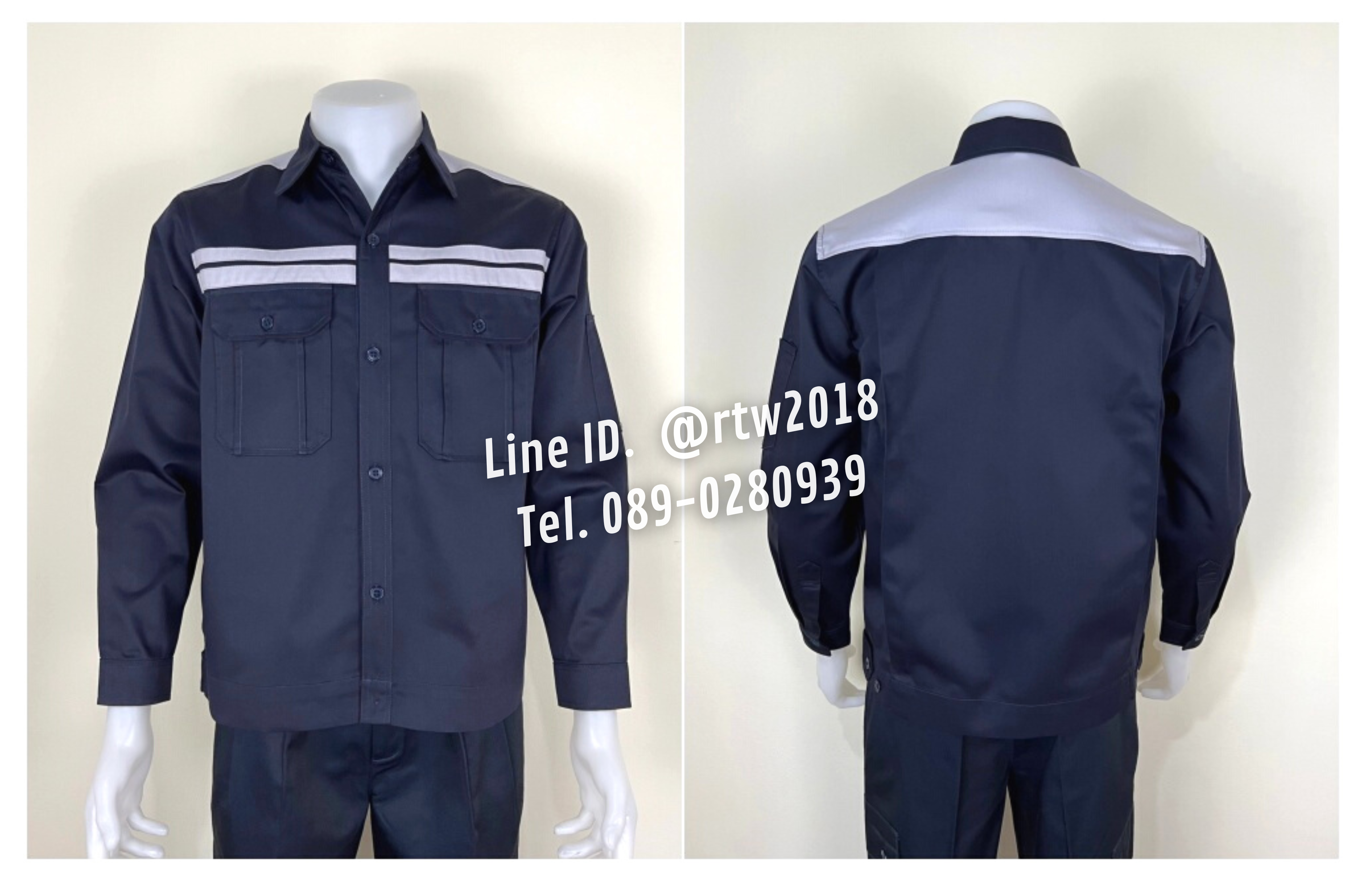 รหัส AB8.3 : เสื้อช่างแขนยาวผ้าคอมทวิวสีกรมท่าคาดอกเทาคู่