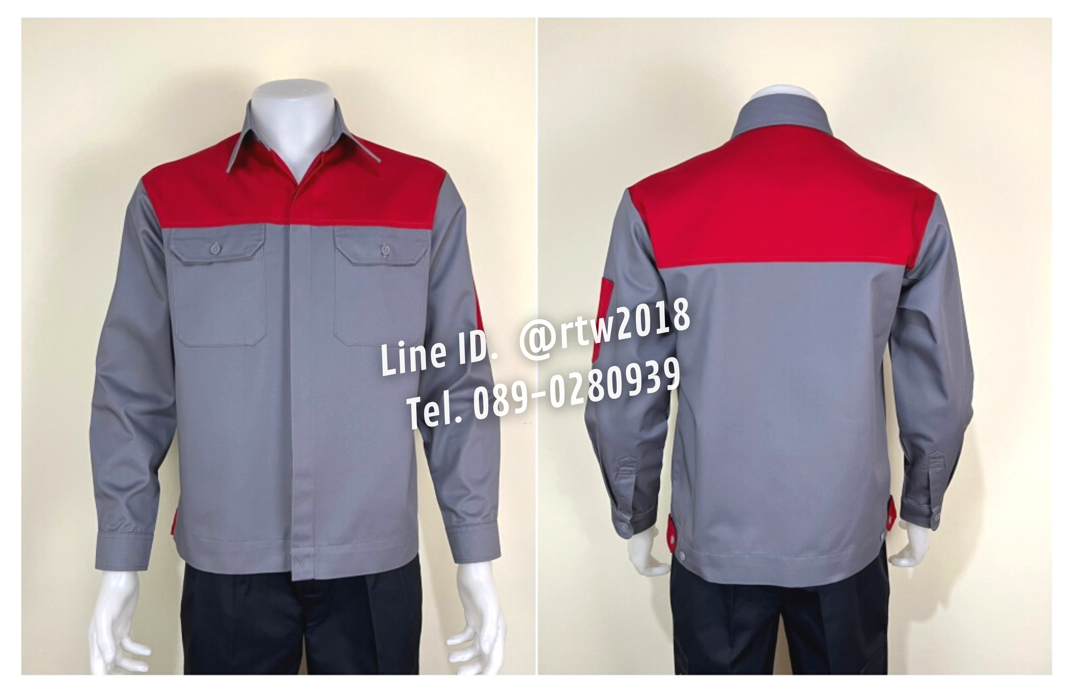 รหัส AB2.8 : เสื้อช่างแขนยาวผ้าคอมทวิวสีเทาอกแดง (ซ่อนสาบ)