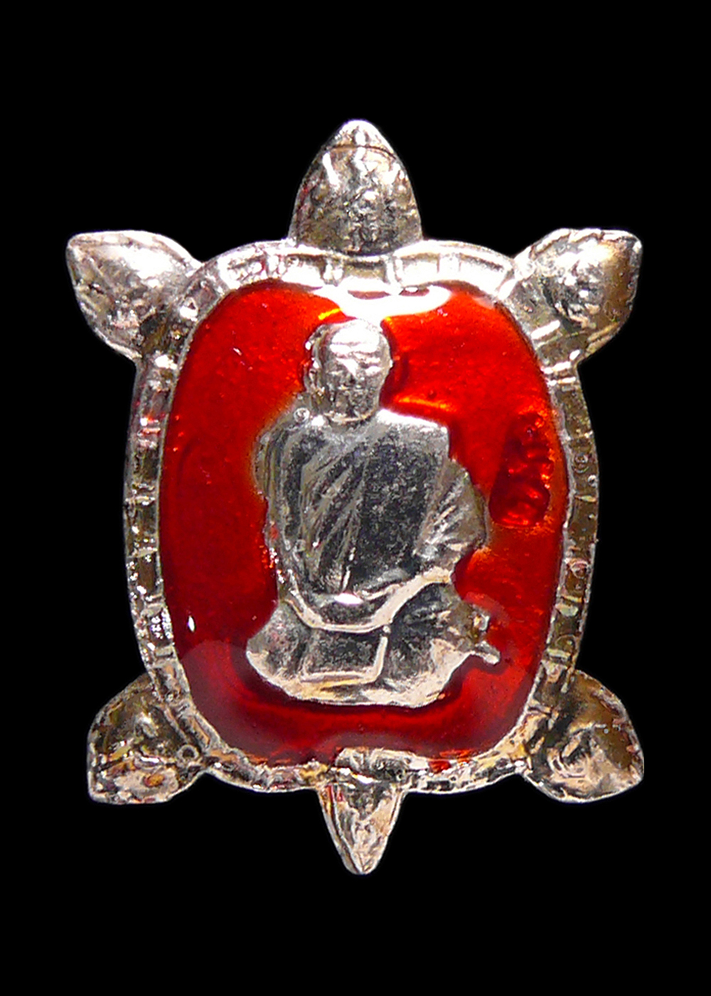 เหรียญพญาเต่าเรือนนำโชค รุ่นปลดหนี้ หลวงปู่แผ้ว วัดหนองพงนก จ.นครปฐม กะไหล่เงินลงยาสีแดง ขนาด1.5cm.