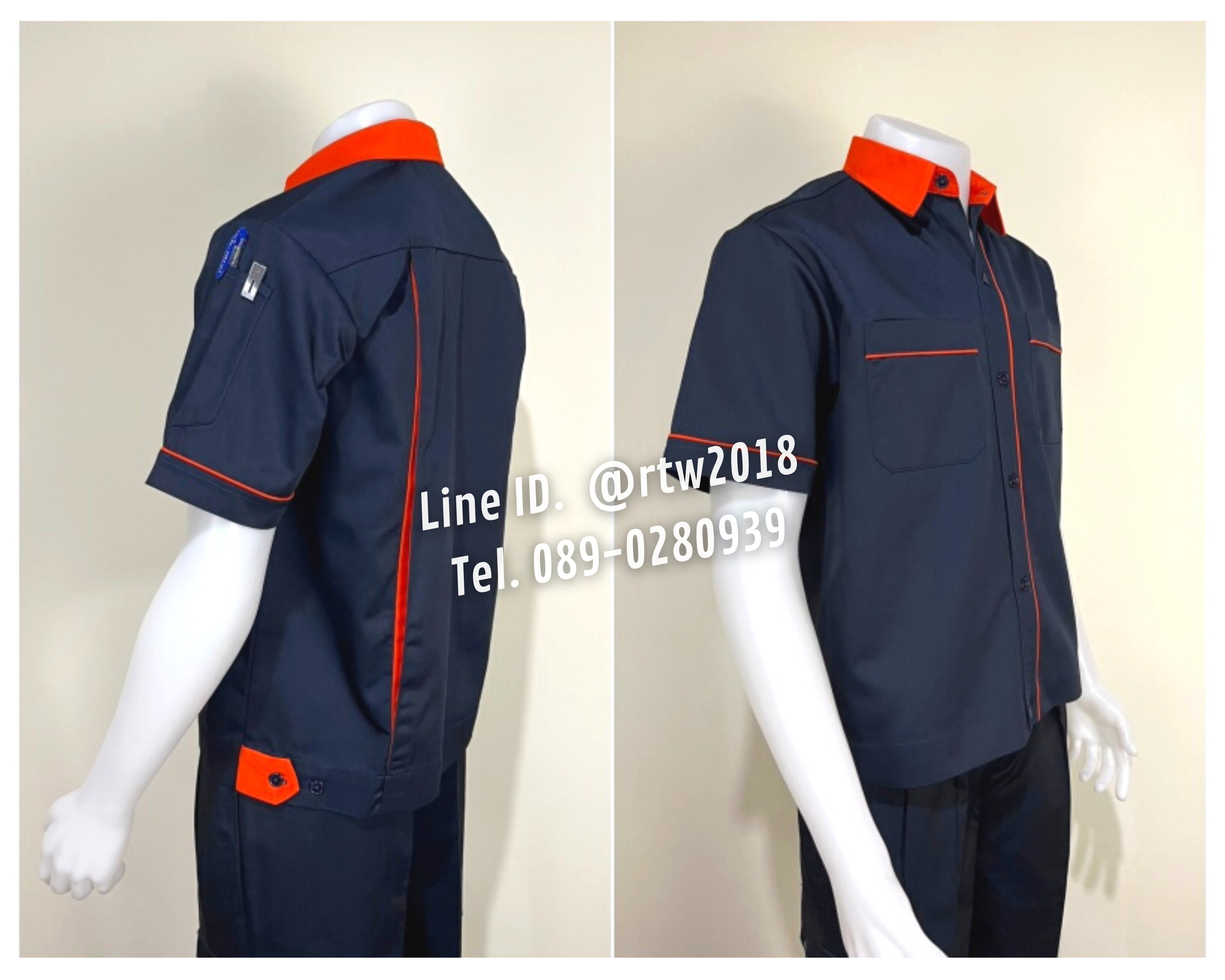 รหัส A6.8 : เสื้อช่างแขนสั้นผ้าคอมทวิวสีกรมท่ากุ้นส้ม