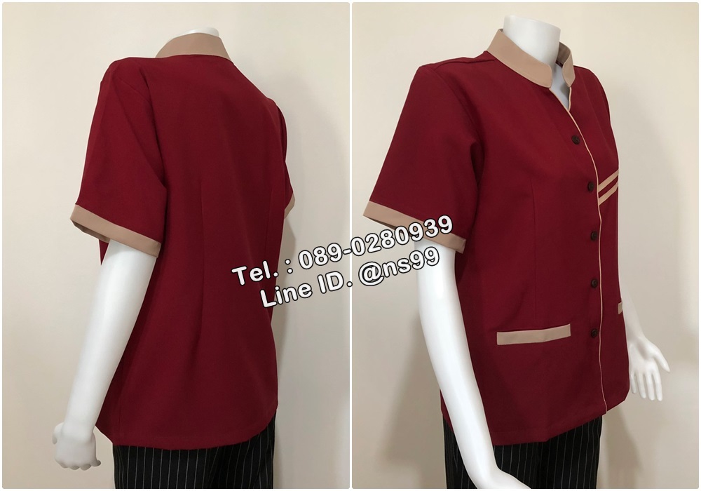 เสื้อแม่บ้านคอจีนแขนสั้นสีเลือดหมู/น้ำตาลอ่อน (รหัส C11 )