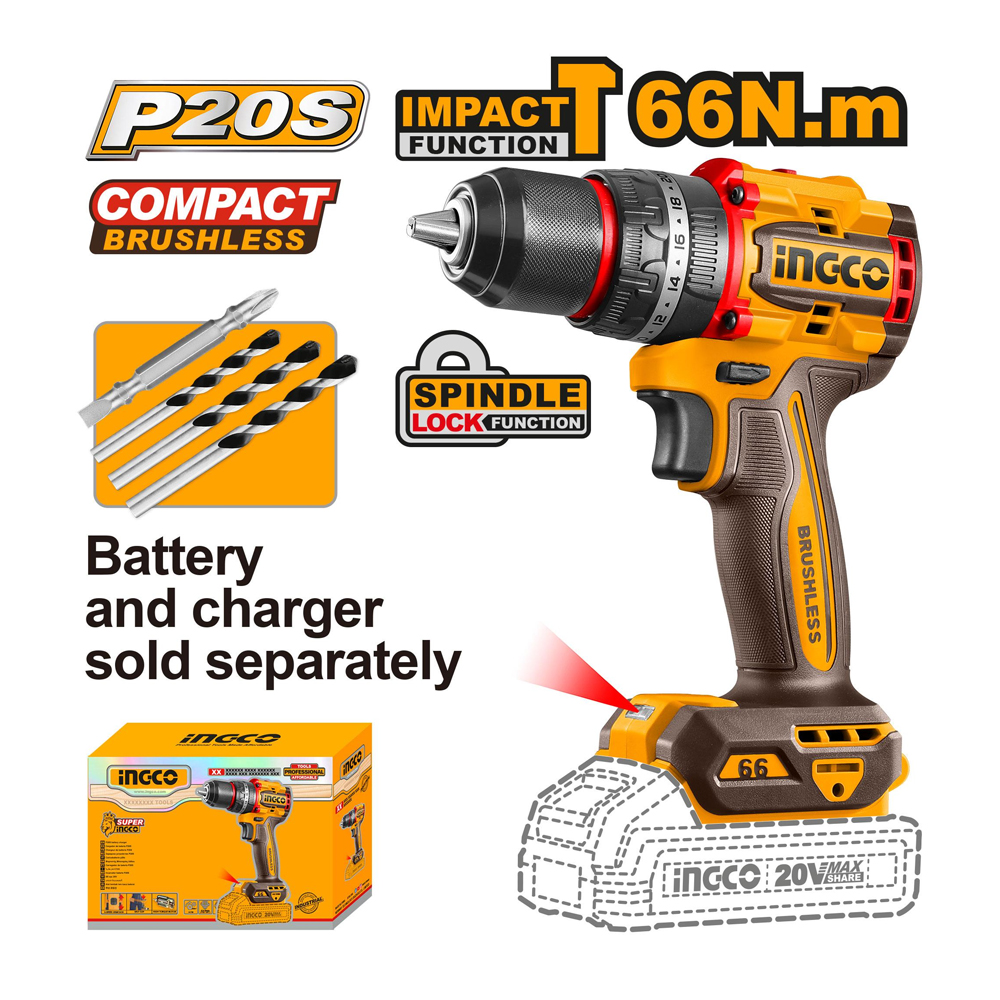 INGCO CIDLI206681 สว่านกระแทกไร้สาย 1/2" 66Nm 20V เครื่องเปล่า