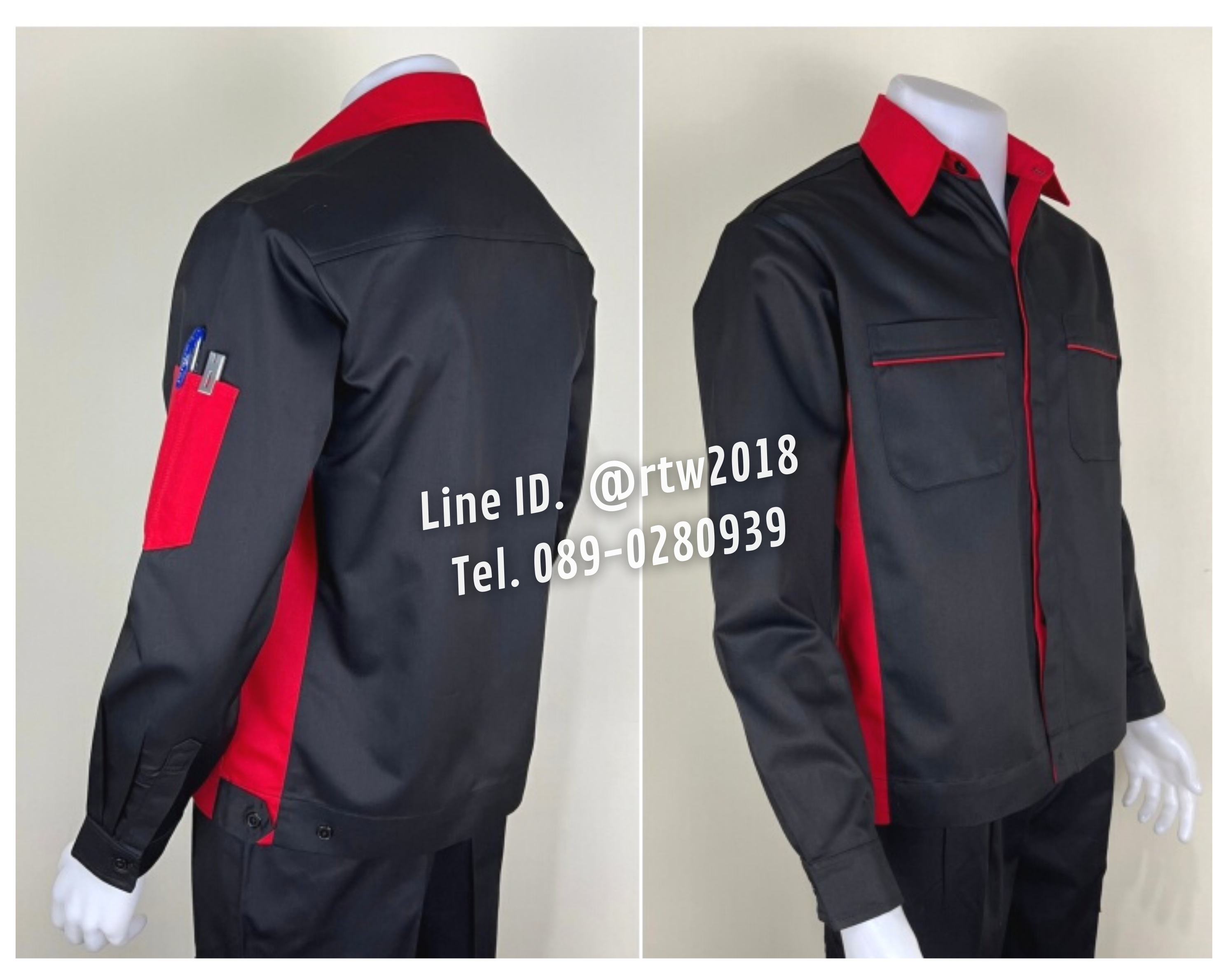 รหัส AB11.6 : เสื้อช่างแขนยาวผ้าคอมทวิวสีดำข้างแดง (ซ่อนสาบ)
