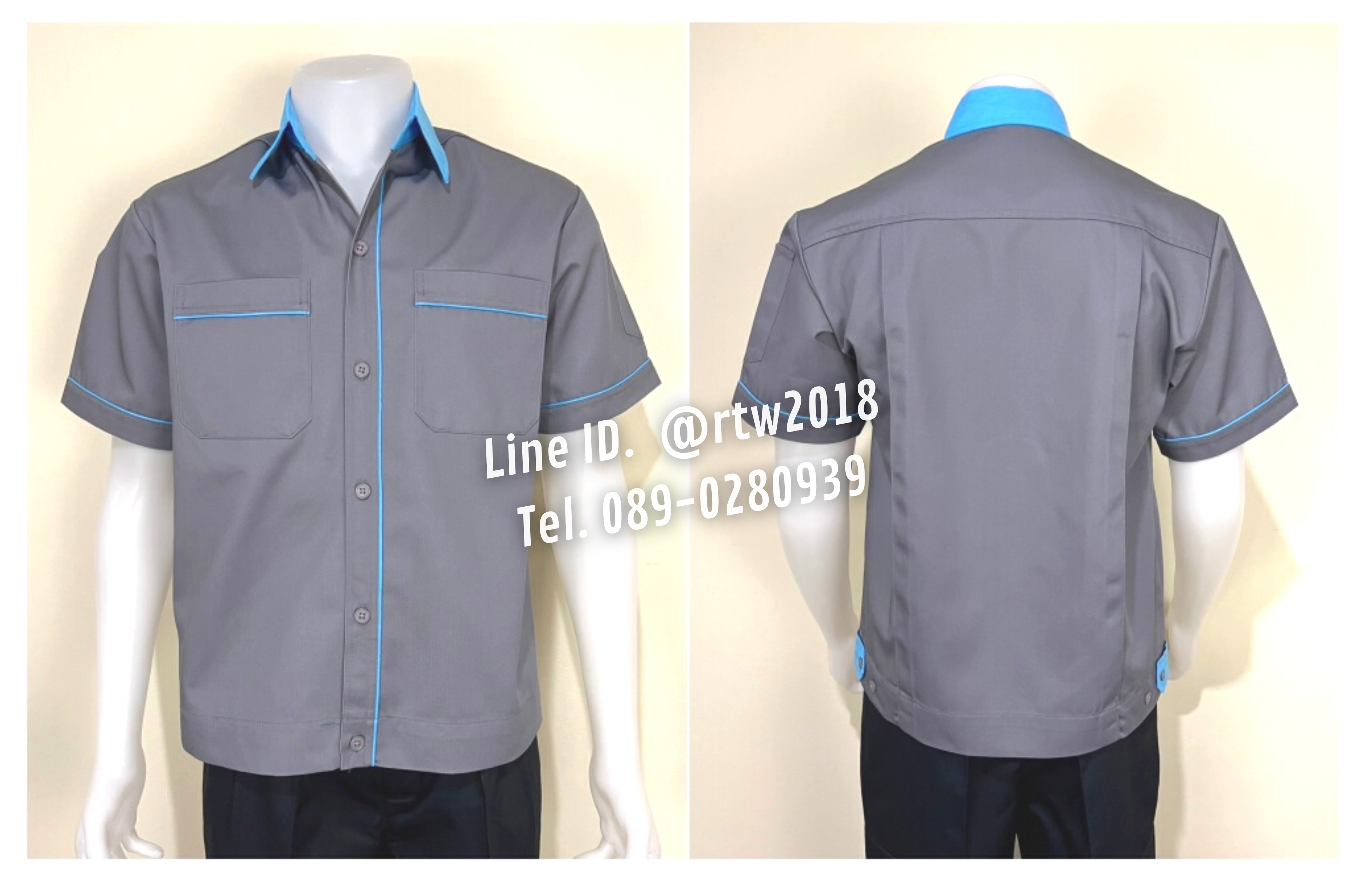 รหัส A5.2 : เสื้อช่างแขนสั้นผ้าคอมทวิวสีเทากุ้นฟ้าอ่อน