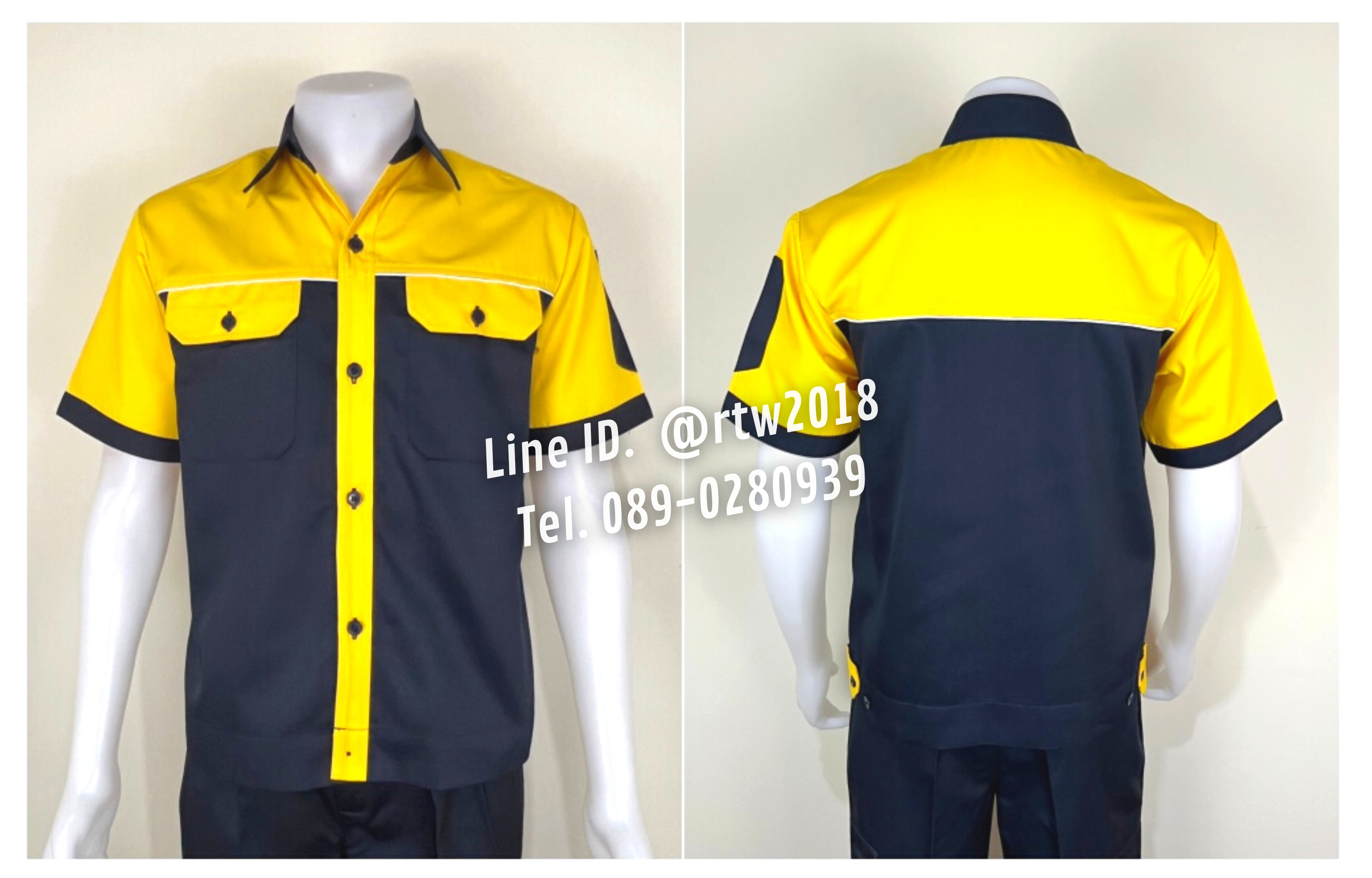 รหัส A26.1 : เสื้อช่างแขนสั้นผ้าคอมทวิวสีกรมท่าอก+แขนเหลือง (กุ้นขาว)