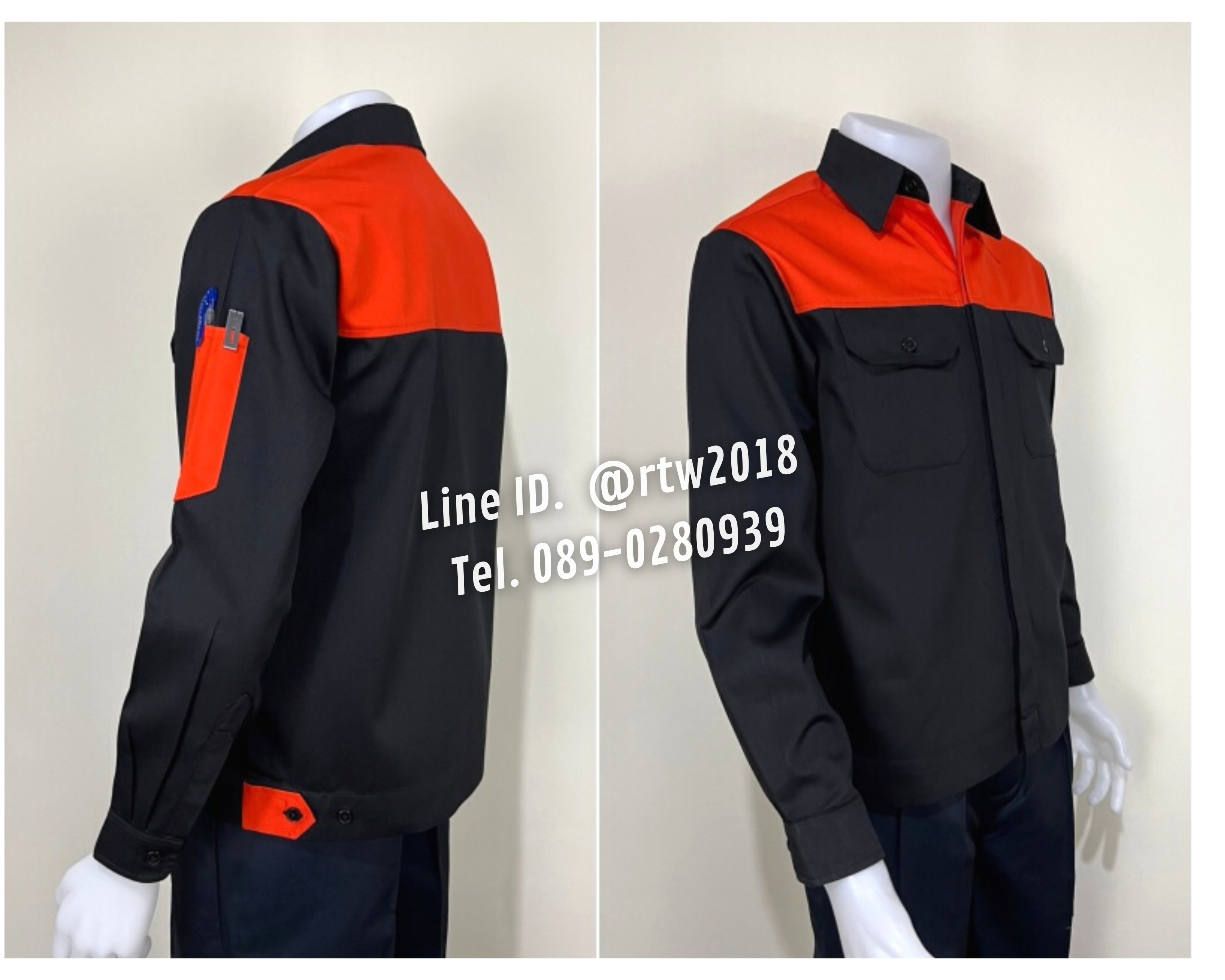รหัส AB4.2 : เสื้อช่างแขนยาวผ้าคอมทวิวสีดำอกส้ม (ซ่อนสาบ)