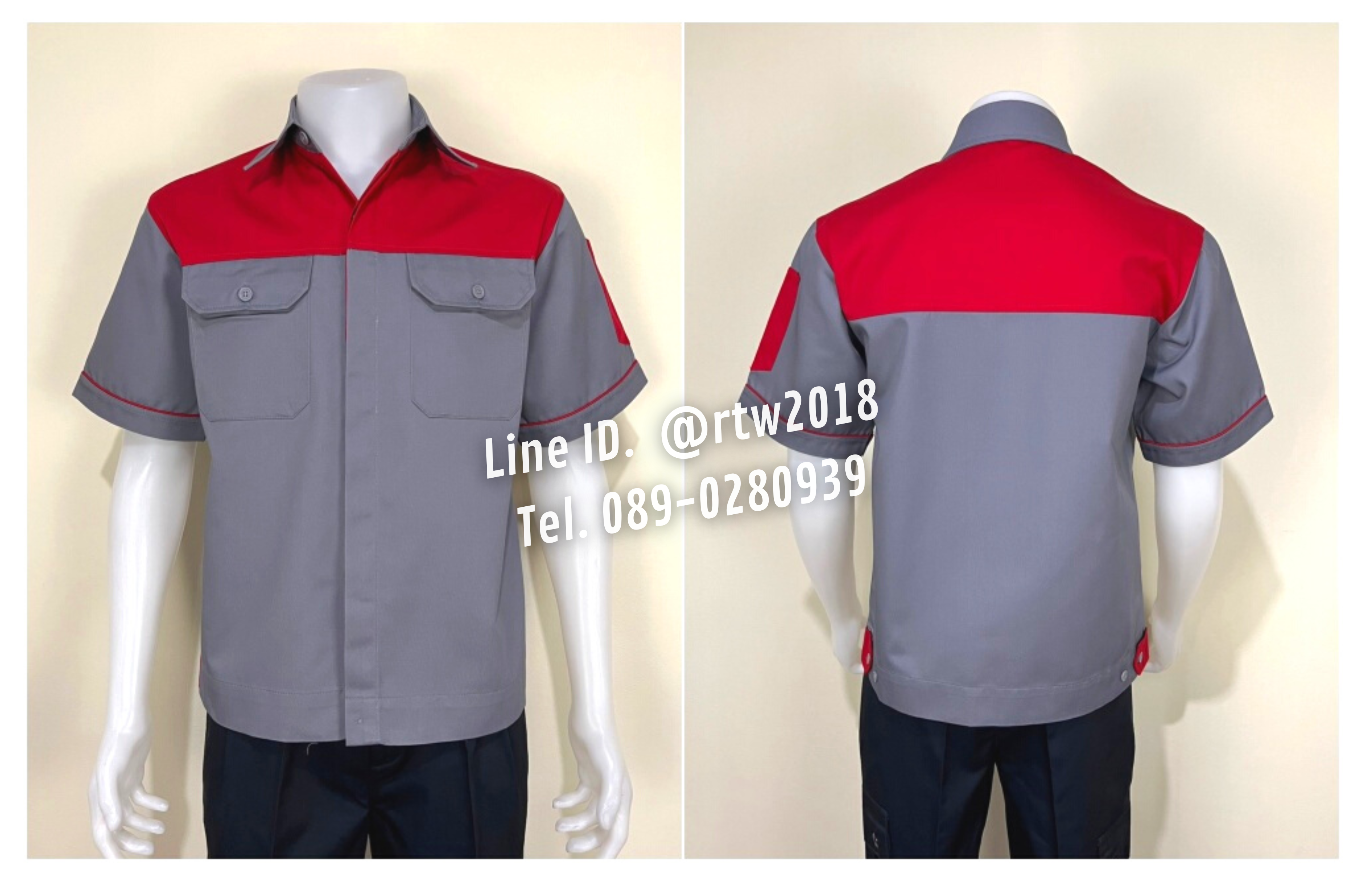 รหัส A8.8 : เสื้อช่างแขนสั้นผ้าคอมทวิวสีเทาอกแดง (ซ่อนสาบ)