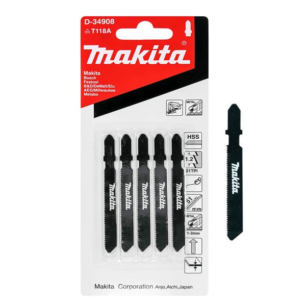 MAKITA D-34908 ใบเลื่อยจิ๊กซอว์ T118A (5ใบ/แผง) รุ่นประหยัด ตัดเหล็กทั่วไป เทียบ B-22