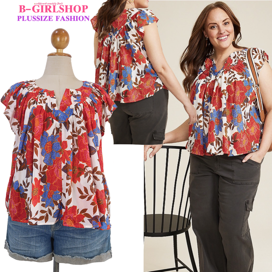 Ha5631 *แบรนด์นอก Maurices* ไซส์ 3x เสื้อผ้าคอตตอน 100% แขนระบายลายดอกไม้สีแดงน่ารัก ผ้าดีใส่เย็น รอบอก 58 วงแขน 28 ชาย 64 ยาว 25.5 นิ้ว