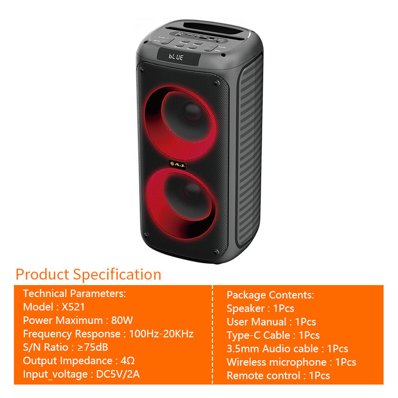 AJ X521 ลำโพงบลูทูธ 80วัตต์ เบสเเน่น เสียงดี มีไฟ LED แถมฟรี!ไมค์ลอยเเละอุปกรณ์ครบชุด รับประกัน 1 ปี
