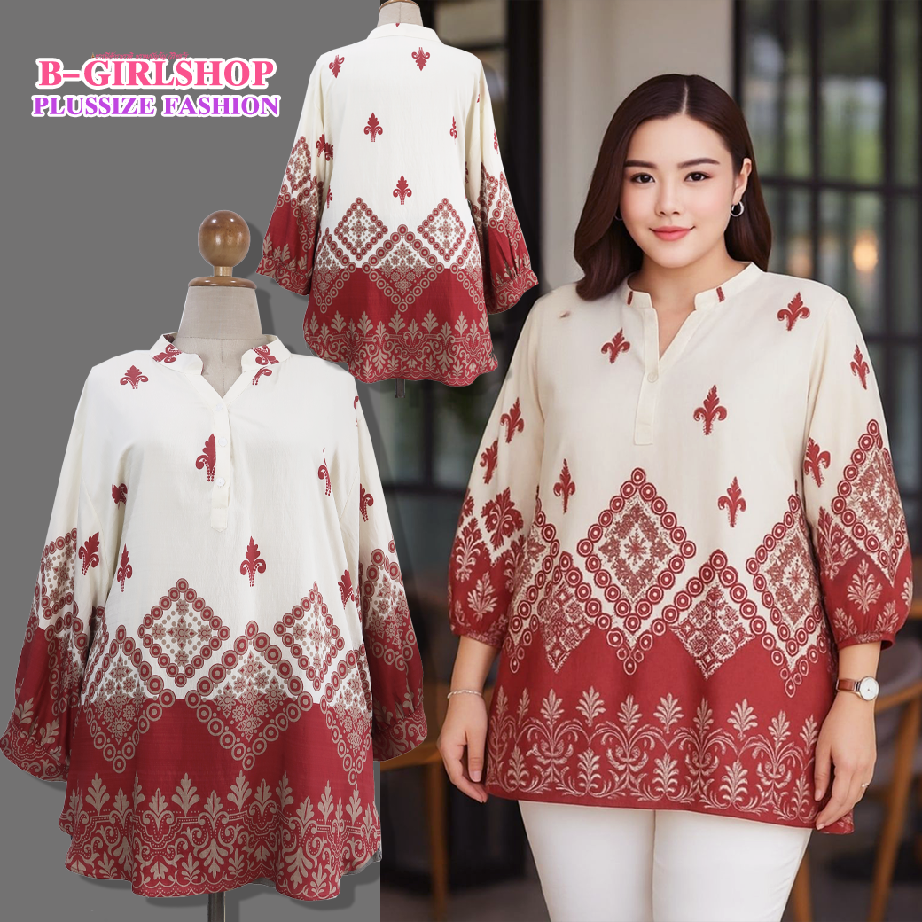 Ha6694 เสื้อสาวอวบผ้าซิลค์สีครีมแดงลายเชิงสไตล์แขก งานสวยผ้าพริ้วใส่เย็น ทรงคอจีนกระดุม 3 เม็ดใส่ได้ตลอด รอบอก 60 วงแขน 27 ชาย 68 ยาว 32 นิ้ว