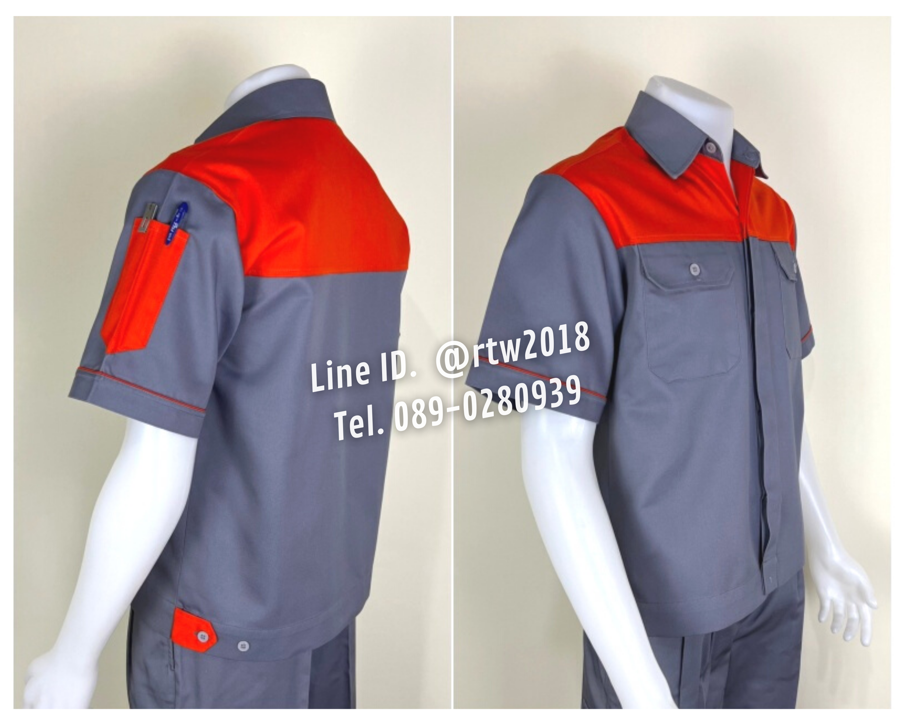 รหัส A8.7.2 : เสื้อช่างแขนสั้นผ้าคอมทวิวเทาอกส้ม (ซ่อนสาบ)
