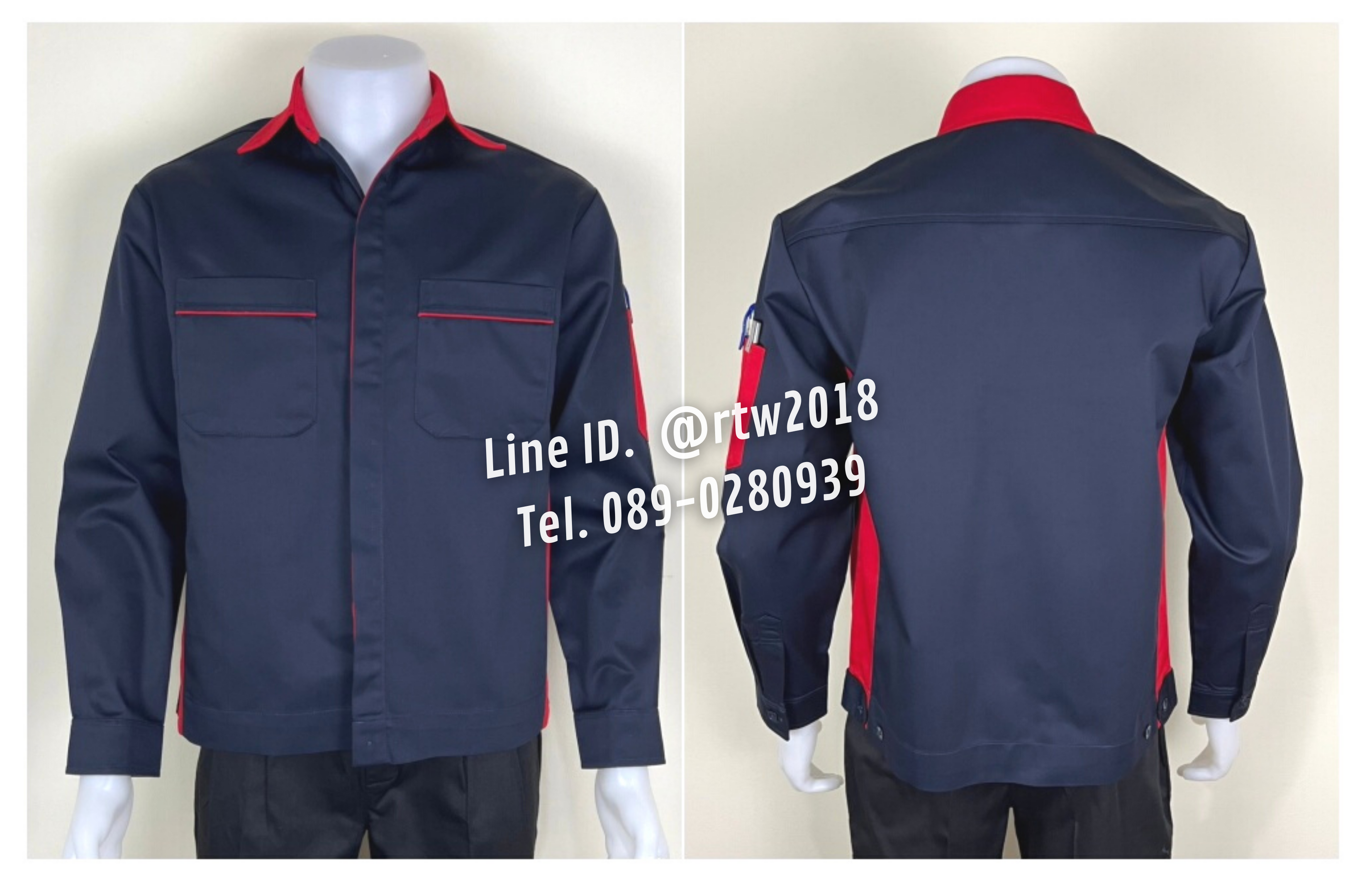 รหัส AB10.6 : เสื้อช่างแขนยาวผ้าคอมทวิวสีกรมท่าข้างแดง (ซ่อนสาบ)