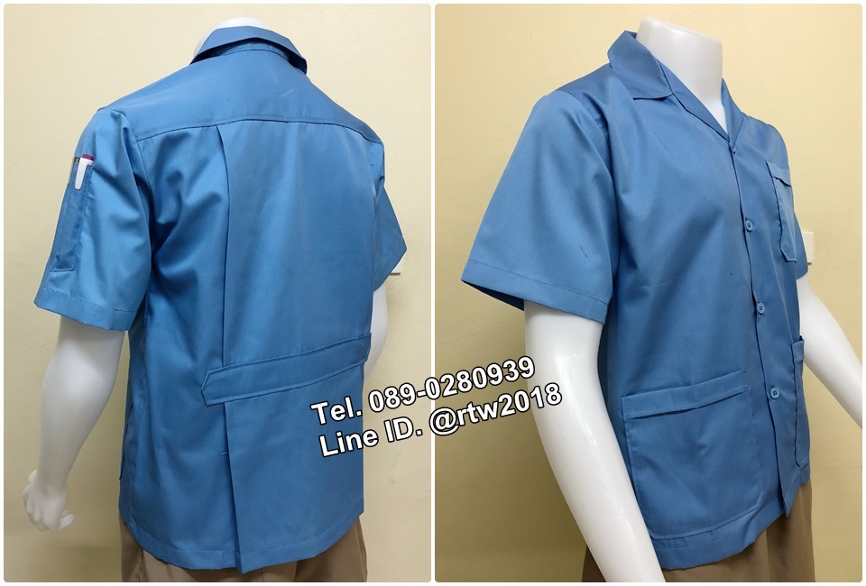 เสื้อช่างแขนสั้นแบบสามกระเป๋าสีฟ้าล้วน (รหัส A10)