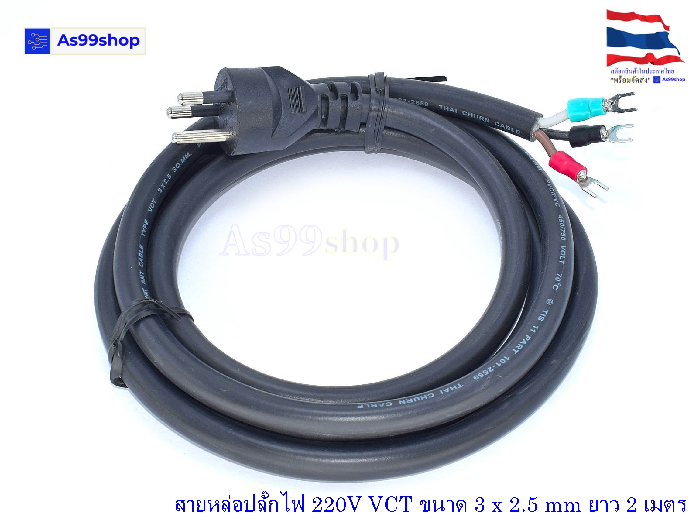 สายหล่อปลั๊กไฟ 220V VCT ขนาด 3 x 2.5 mm ยาว 2 เมตร