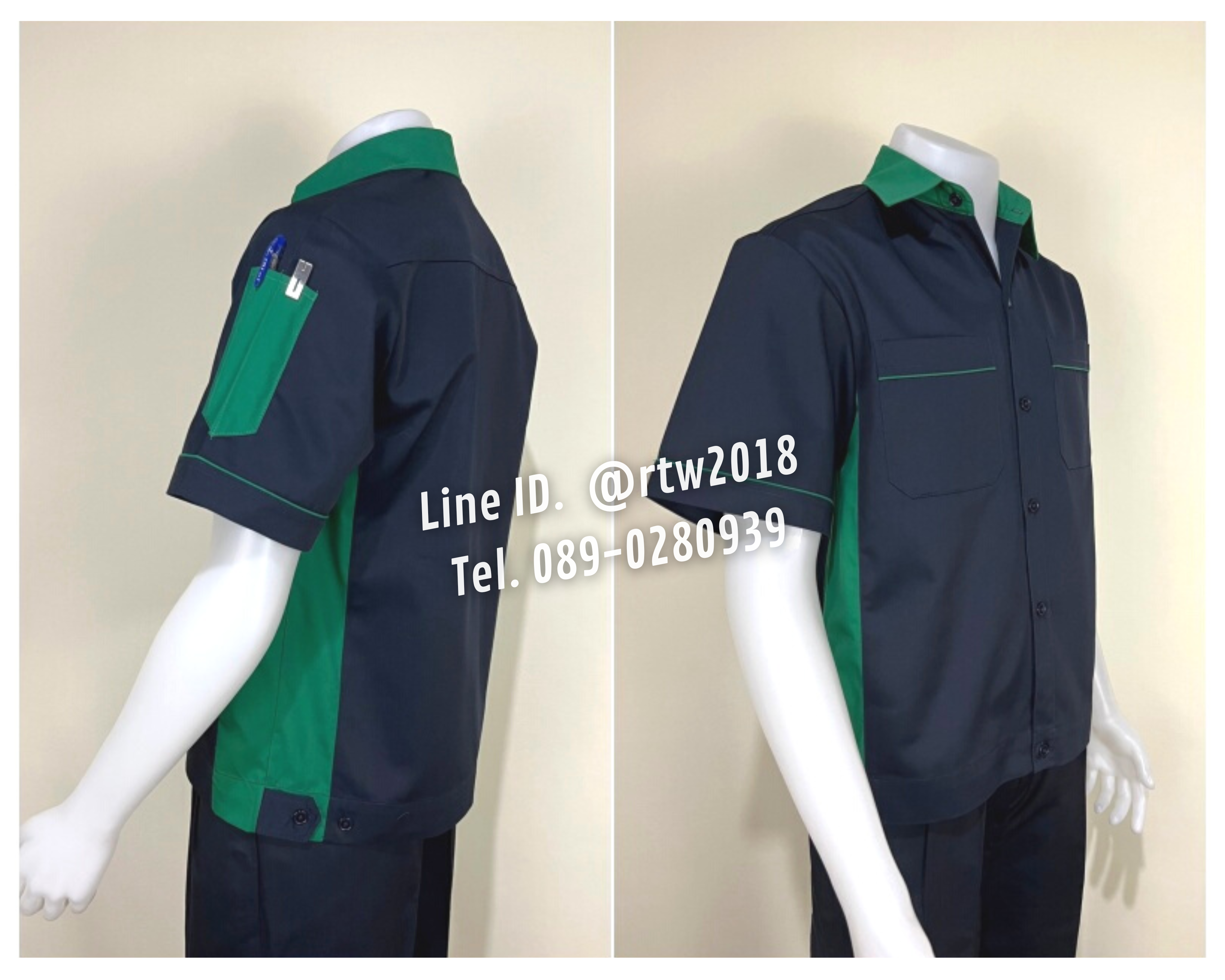 รหัส A12.5 : เสื้อช่างแขนสั้นผ้าคอมทวิวสีกรมท่าข้างเขียวเข้ม
