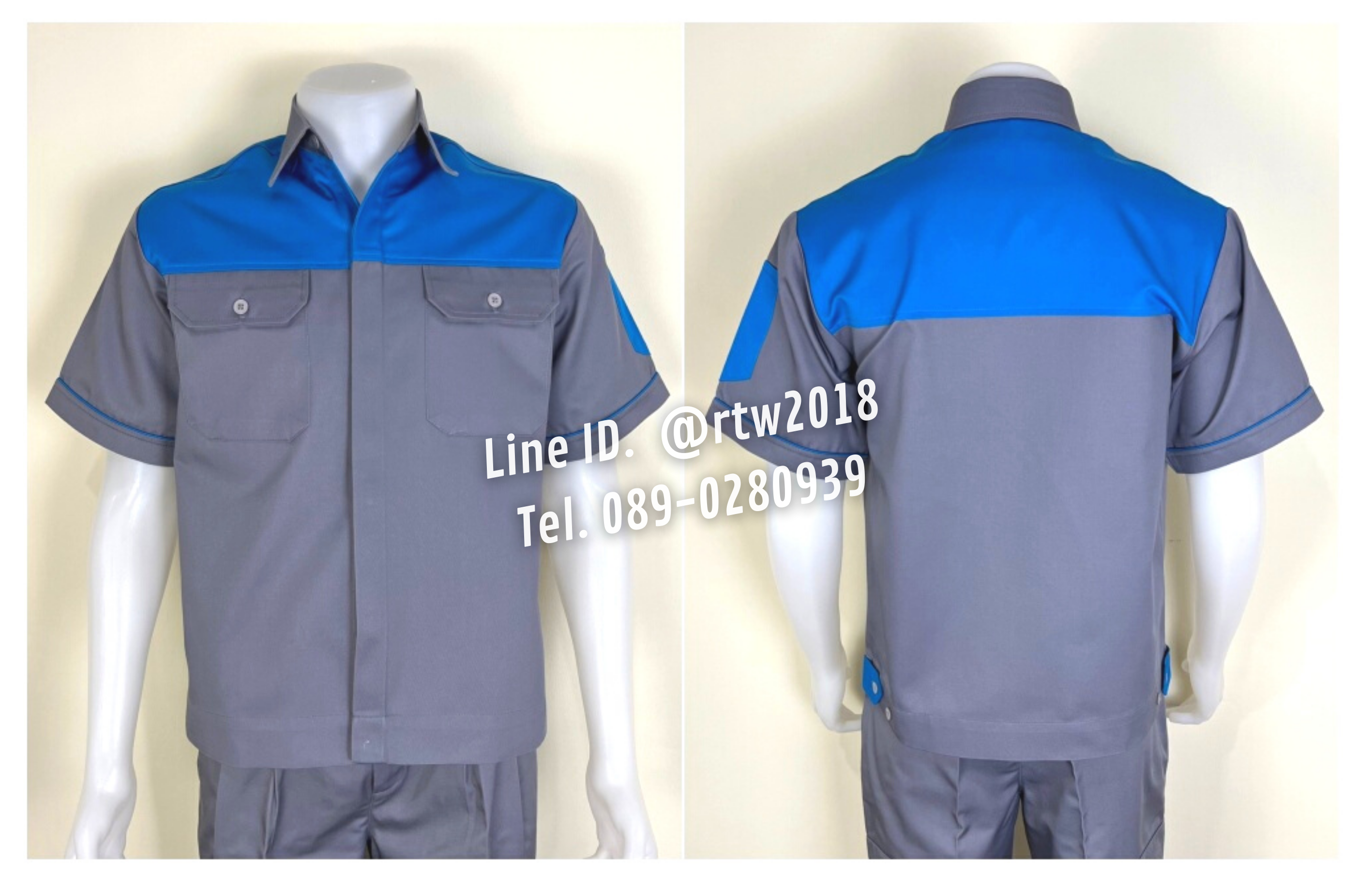 รหัส A8.3.2 : เสื้อช่างแขนสั้นผ้าคอมทวิวเทาอกฟ้าเข้ม (ซ่อนสาบ)