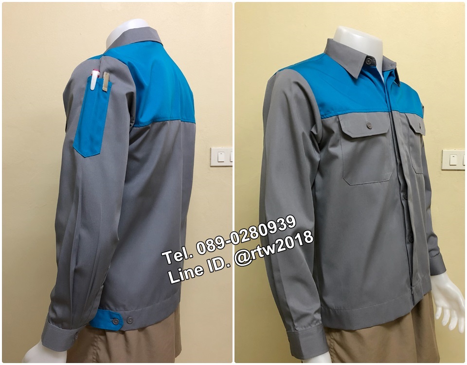 เสื้อช่างแขนยาวผ้าคอมแบบเทาอกฟ้ากระดุมซ่อนสาบ (รหัส A47)
