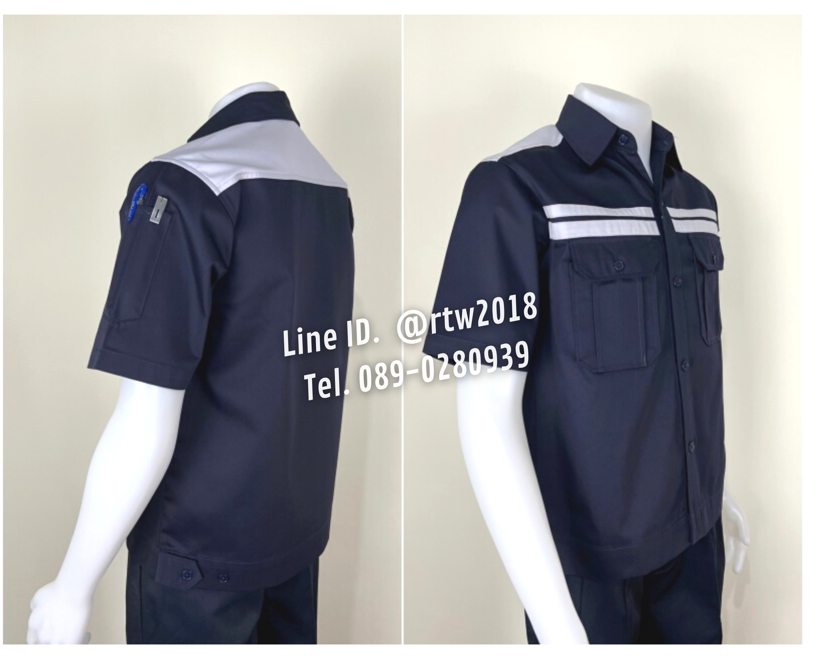 รหัส A19.3 : เสื้อช่างแขนสั้นผ้าคอมทวิวสีกรมท่าคาดอกเทาคู่
