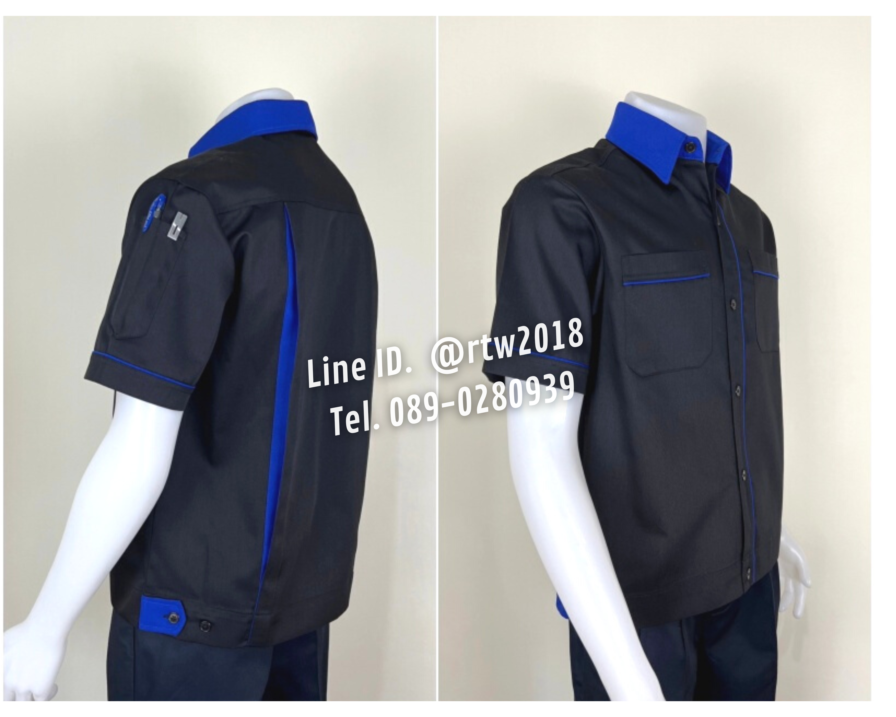 รหัส A7.14 : เสื้อช่างแขนสั้นผ้าคอมทวิวสีดำกุ้นน้ำเงิน