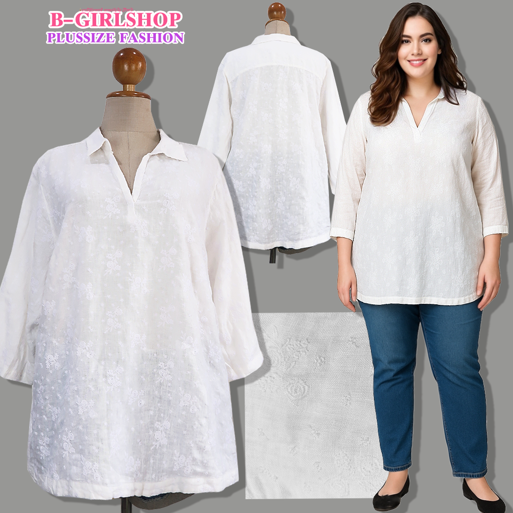 Ha6609 *แบรนด์นอก CYNTHIA* ไซส์ 3x เสื้อเชิ๊ตคอฮาวายผ้าลินินแท้สีขาวปักลายกุหลายนูนทั้งตัว ผ้าดี งานปักสวย ชายข้างโค้ง รอบอก 58 - 60 วงแขน 28 ชาย 64 - 66 ยาว 31 นิ้ว