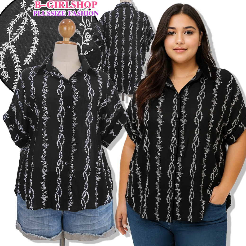 Ha6885 เสื้อเชิ๊ตผ้าไหมแก้วอัดยับเนื้อนิ่มไม่ต้องรีด สกรีนลายลูกไม้สีขาวทั้งตัวเพิ่มดีเทลเก๋ กระดุมหน้าปลายแขนพับเบิ้ล รอบอก 52 - 54 วงแขน 22 ชาย 54 ยาวหน้า 27 หลัง 29 นิ้ว