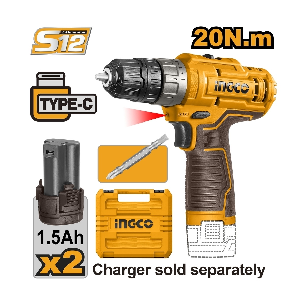 INGCO CDLI12202 สว่านไร้สาย 3/8" 12V แบตx2