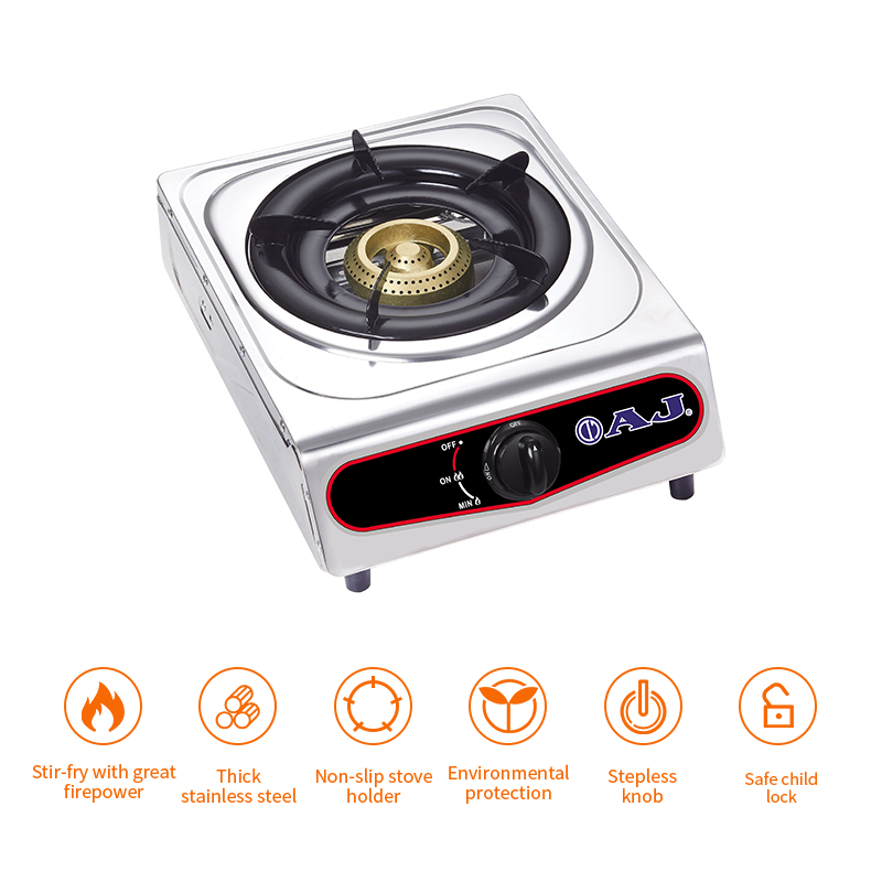 AJ เตาแก๊สสแตนเลสหัวเดี่ยว หัวฟู่ทองเหลือง รุ่น AJ-GA1H-01A โครงสร้างแข็งแรง ทำความสะอาดง่าย ไม่เป็นสนิม ประกัน 1ปี