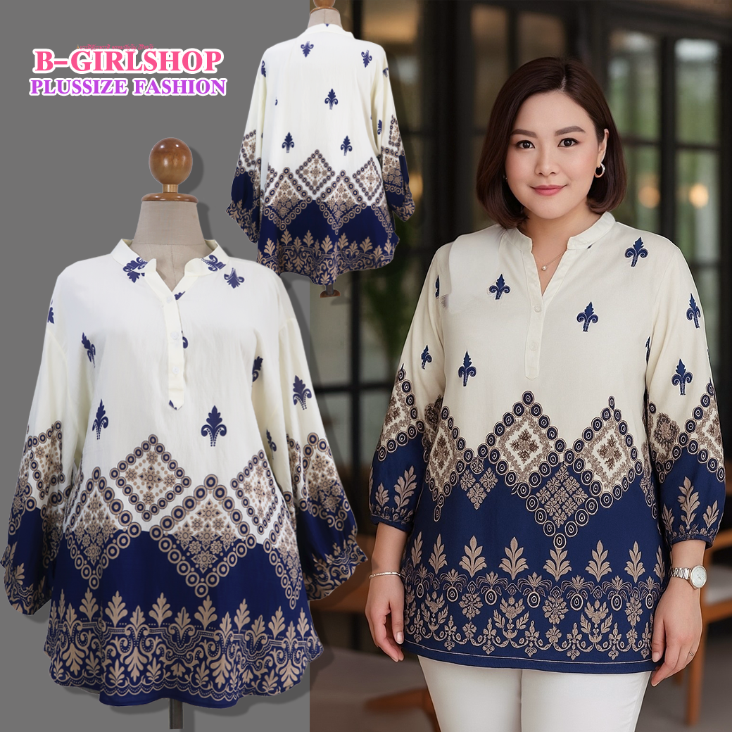 Ha6695 เสื้อสาวอวบผ้าซิลค์สีกรมท่าลายเชิงสไตล์แขก งานสวยผ้าพริ้วใส่เย็น ทรงคอจีนกระดุม 3 เม็ดใส่ได้ตลอด รอบอก 60 วงแขน 27 ชาย 68 ยาว 32 นิ้ว