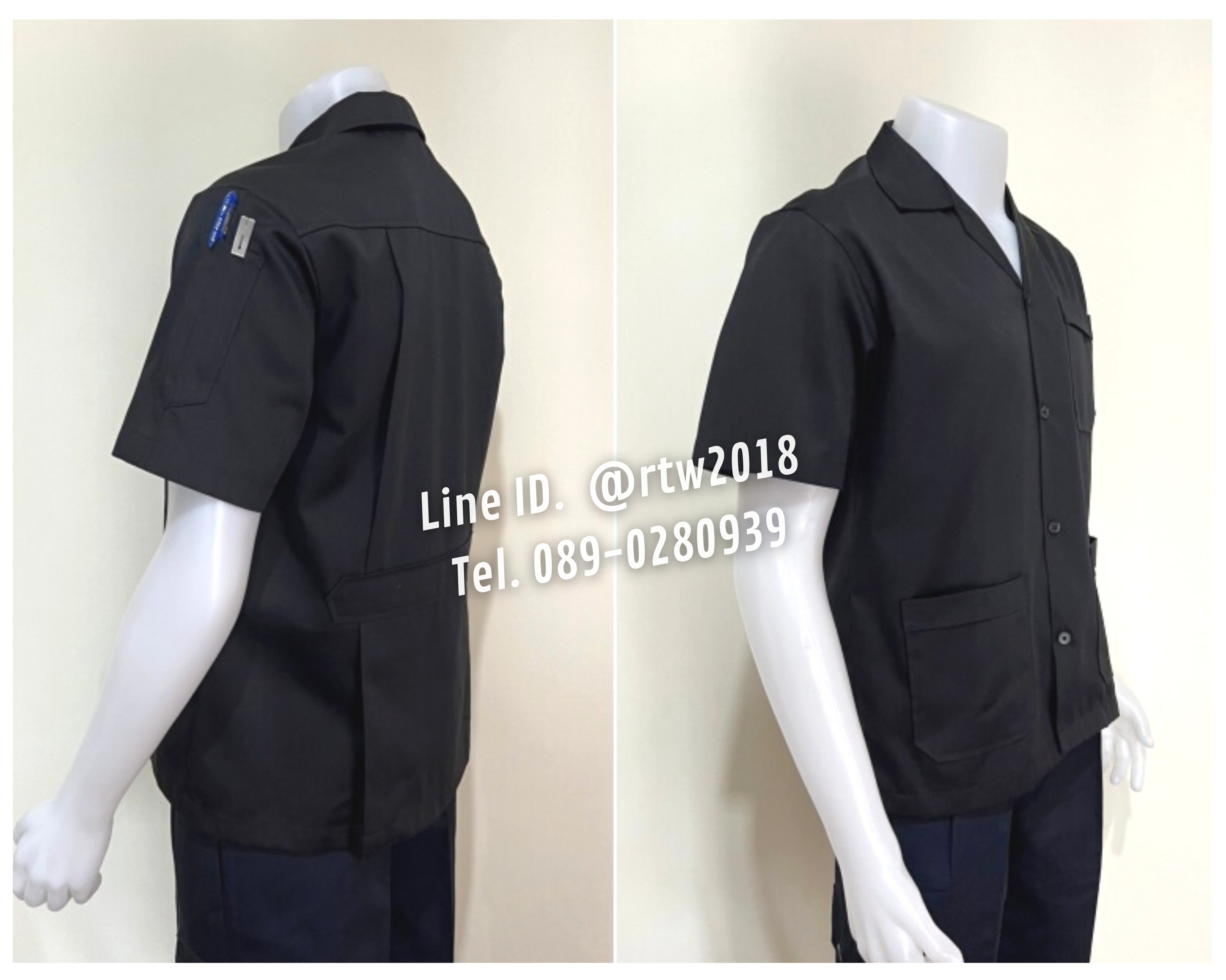 รหัส A1.10 : เสื้อช่างแขนสั้นผ้าคอมทวิวสามกระเป๋าสีดำล้วน