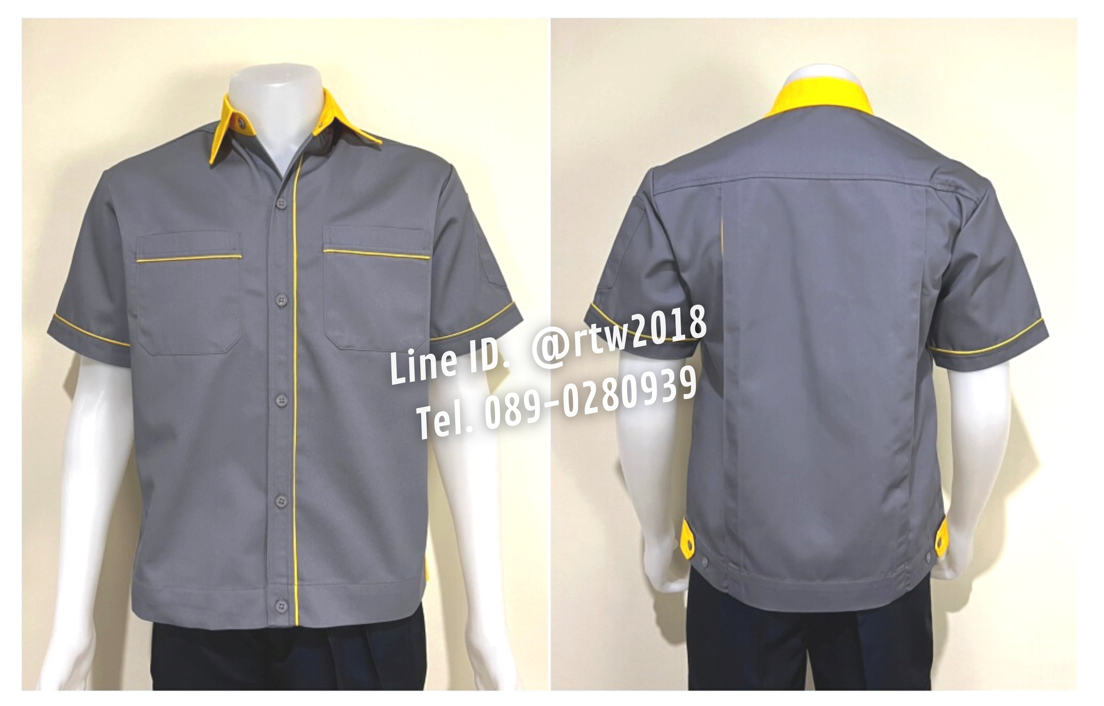 รหัส A5.9 : เสื้อช่างแขนสั้นผ้าคอมทวิวสีเทากุ้นเหลือง
