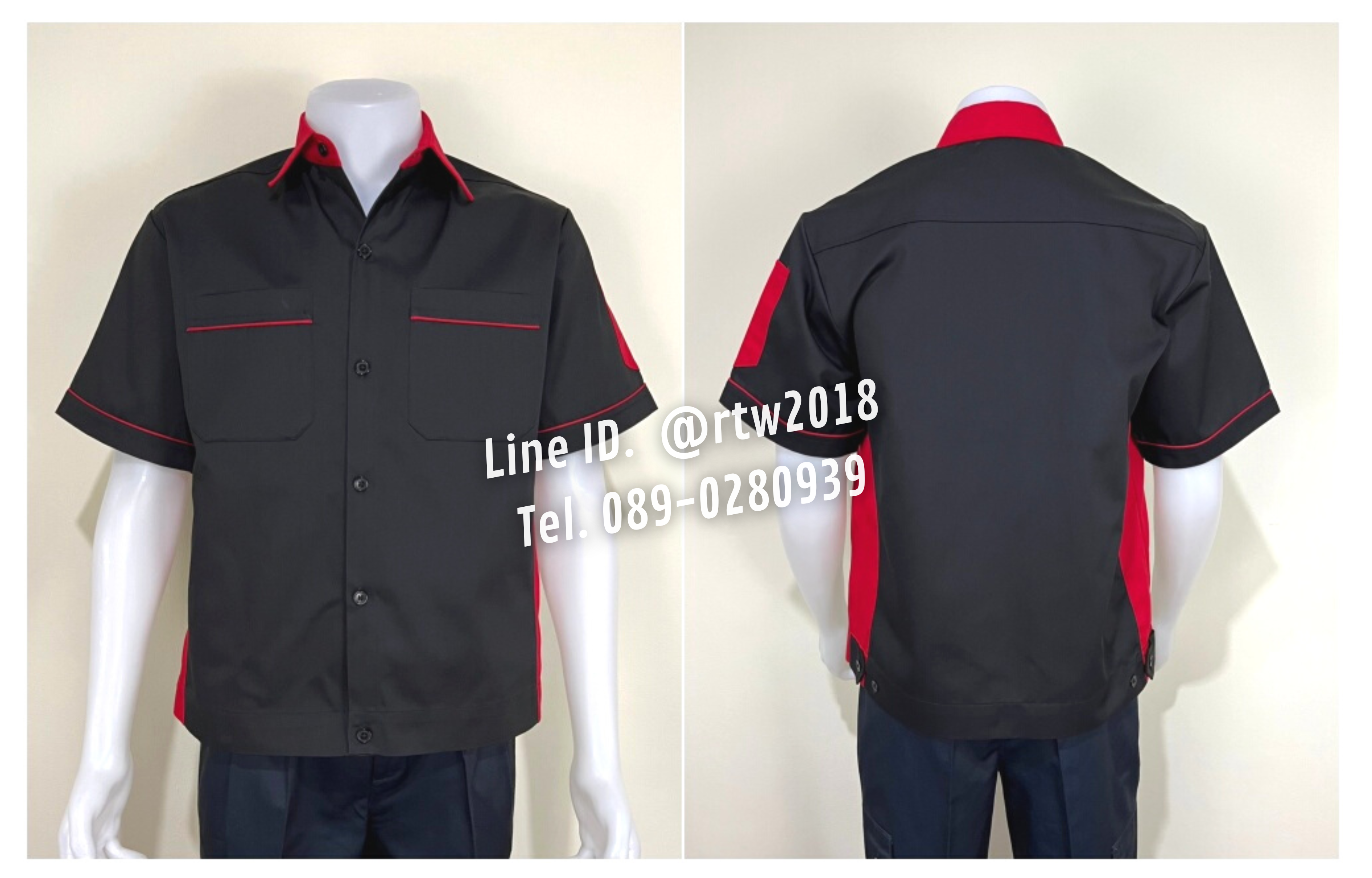 รหัส A13.9 : เสื้อช่างแขนสั้นผ้าคอมทวิวสีดำข้างแดง
