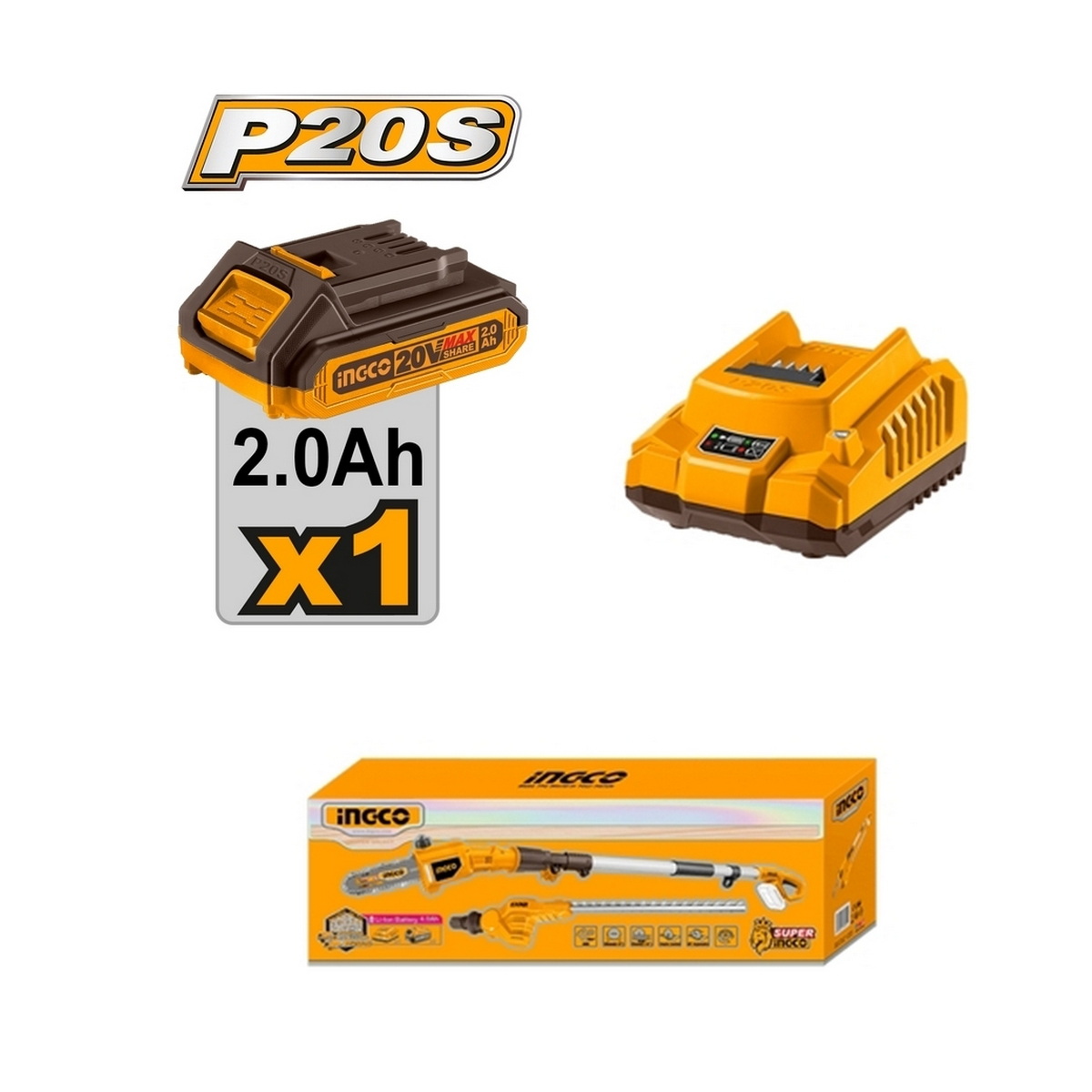 INGCO CPTS201681 ชุดเลื่อยตัดแต่งกิ่งไม้ไร้สาย 2IN1 20V แบตx1