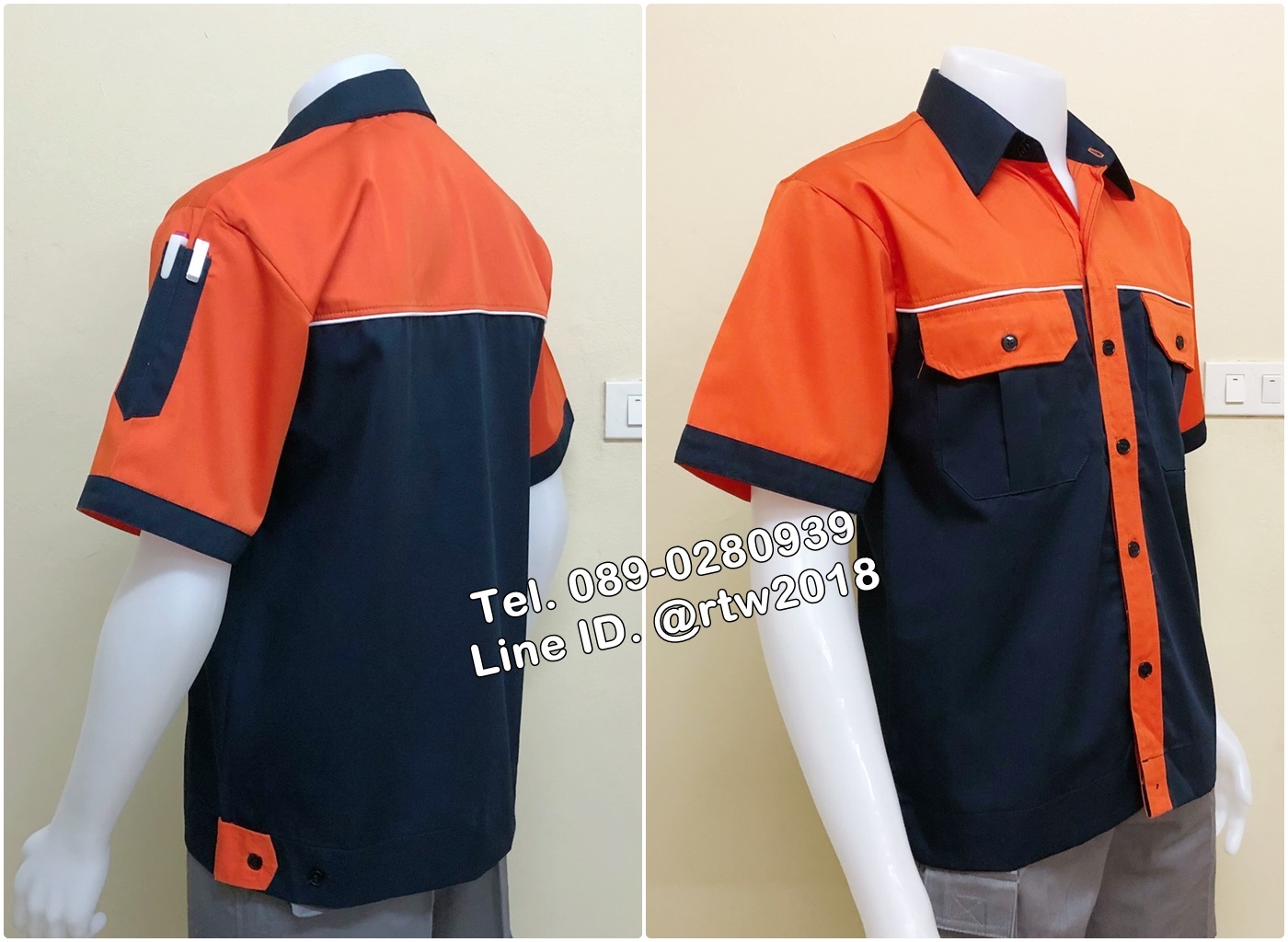 เสื้อช่างแขนสั้นแบบกรมอกส้มกุ้นขาว(วัชรี) (รหัส A77)