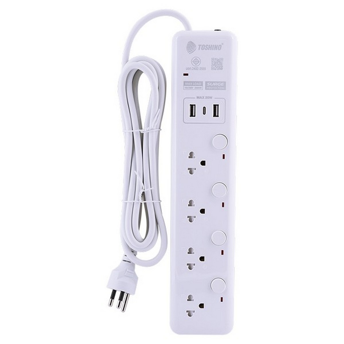 TOSHINO WY-53 ปลั๊กพ่วง 5ช่อง/ 2USB/ 1Type C/ 3เมตร 10A/2300W