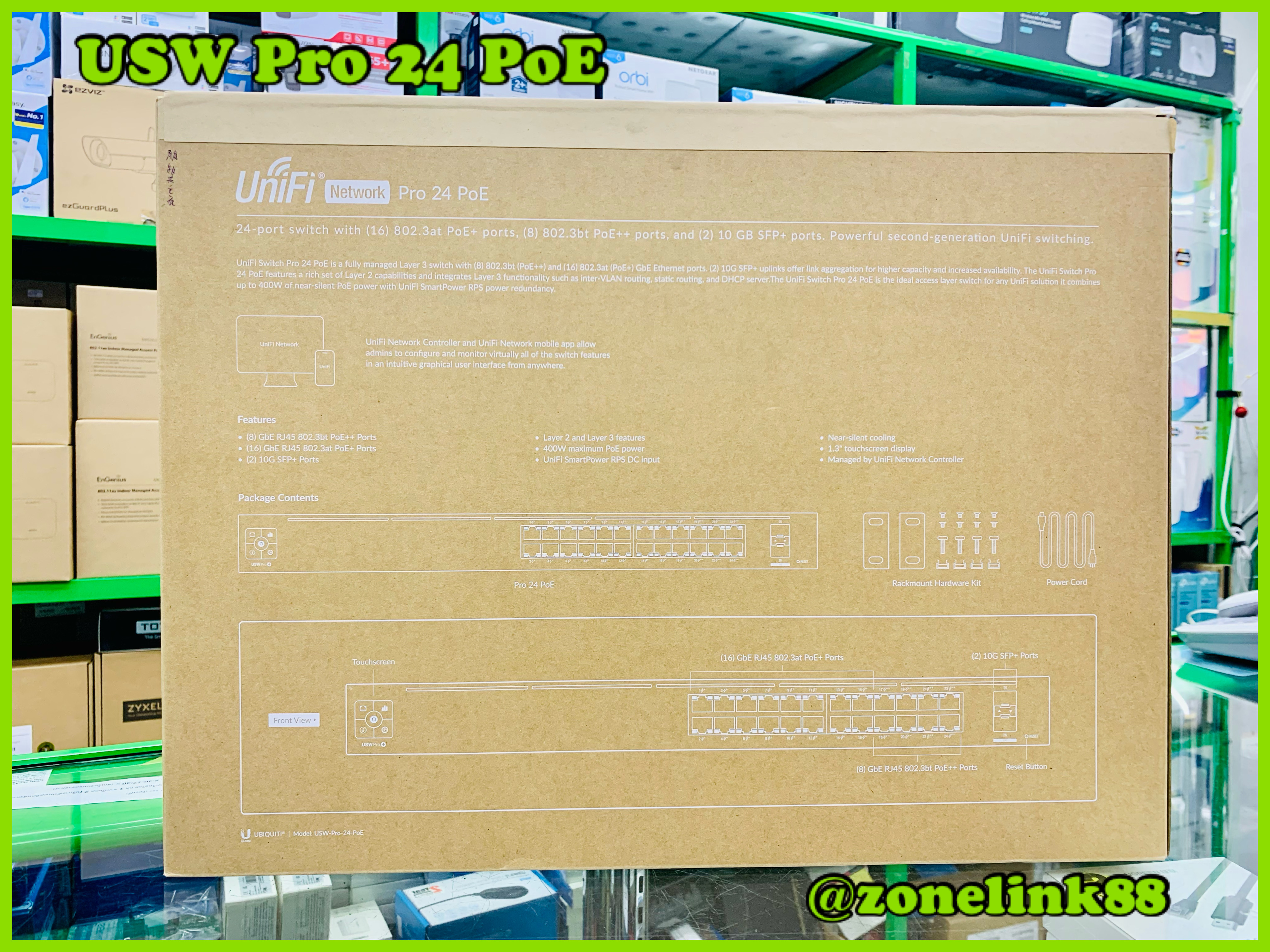 USW-Pro-24-PoE Layer 3, PoE switch with (24) GbE RJ45 ports, including (16) 802.3at PoE+ ports and (8) 802.3bt PoE++ ports, and (2) 10G SFP+ ports.