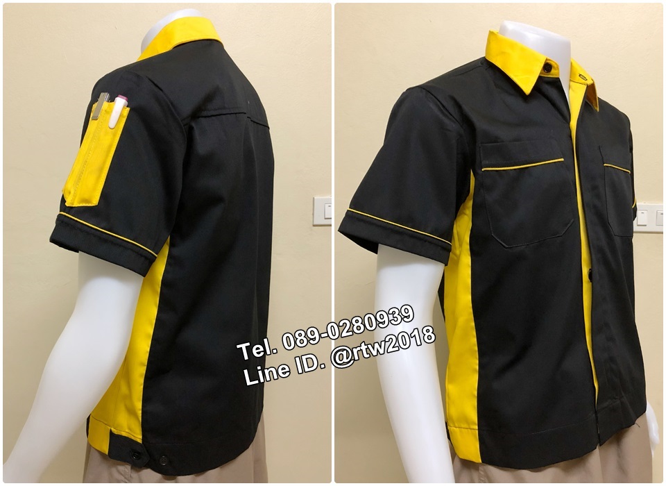 เสื้อช่างแขนสั้นแบบดำข้างเหลืองกระดุมซ่อนสาบ (รหัส A17)