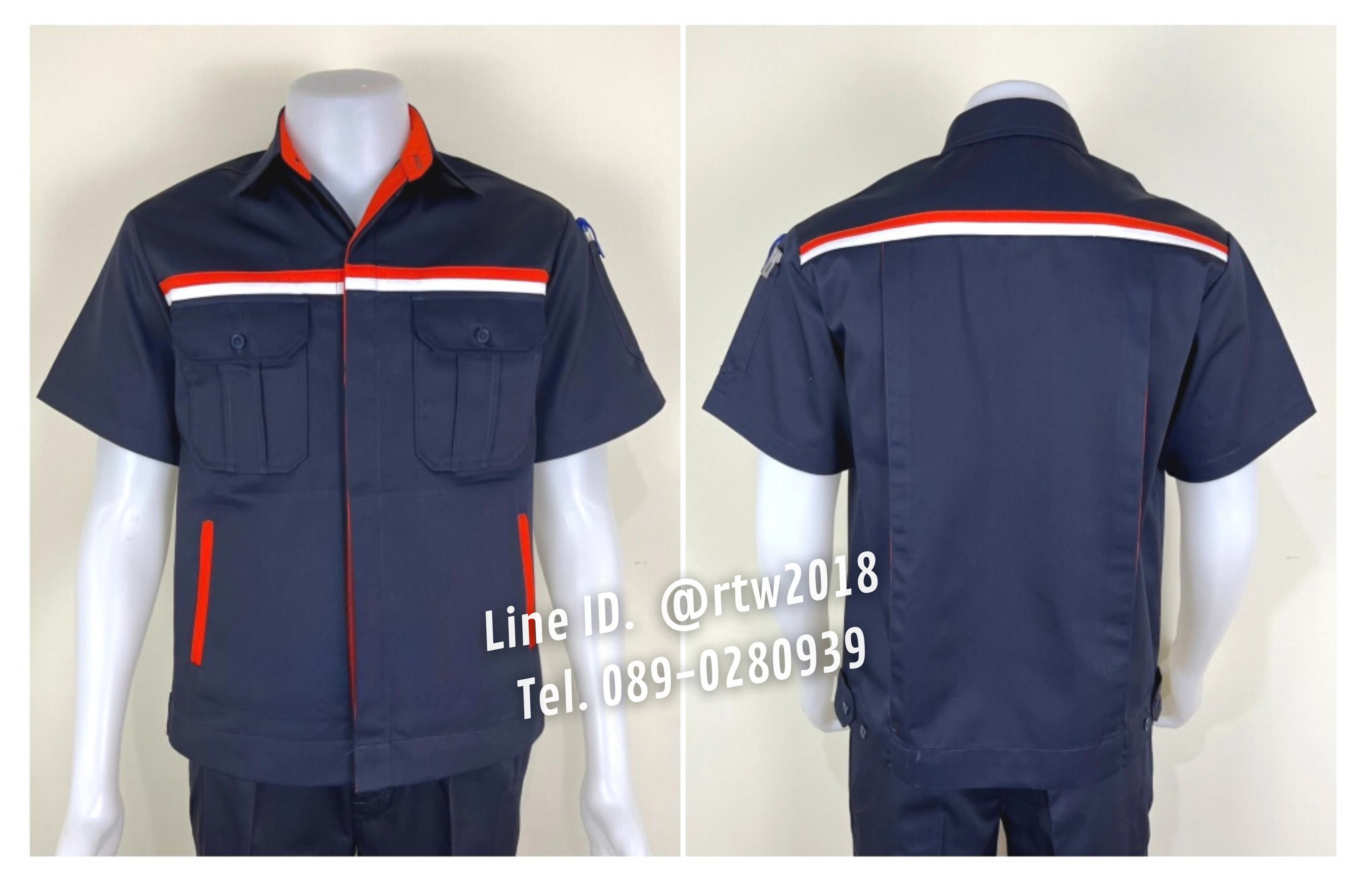 รหัส A32 : เสื้อช่างแขนสั้นผ้าคอมทวิว 4 กระเป๋า สีกรมท่าแต่งส้มและขาว