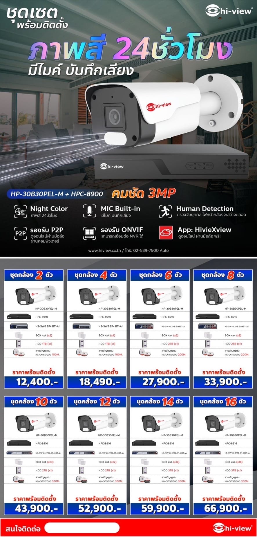 ชุดกล้องวงจรปิด IP Camera Hi-view รุ่น HP-30B30PEL-M + NVR ความคมชัด 3 MP ครบเซ็ตพร้อมติดตั้ง