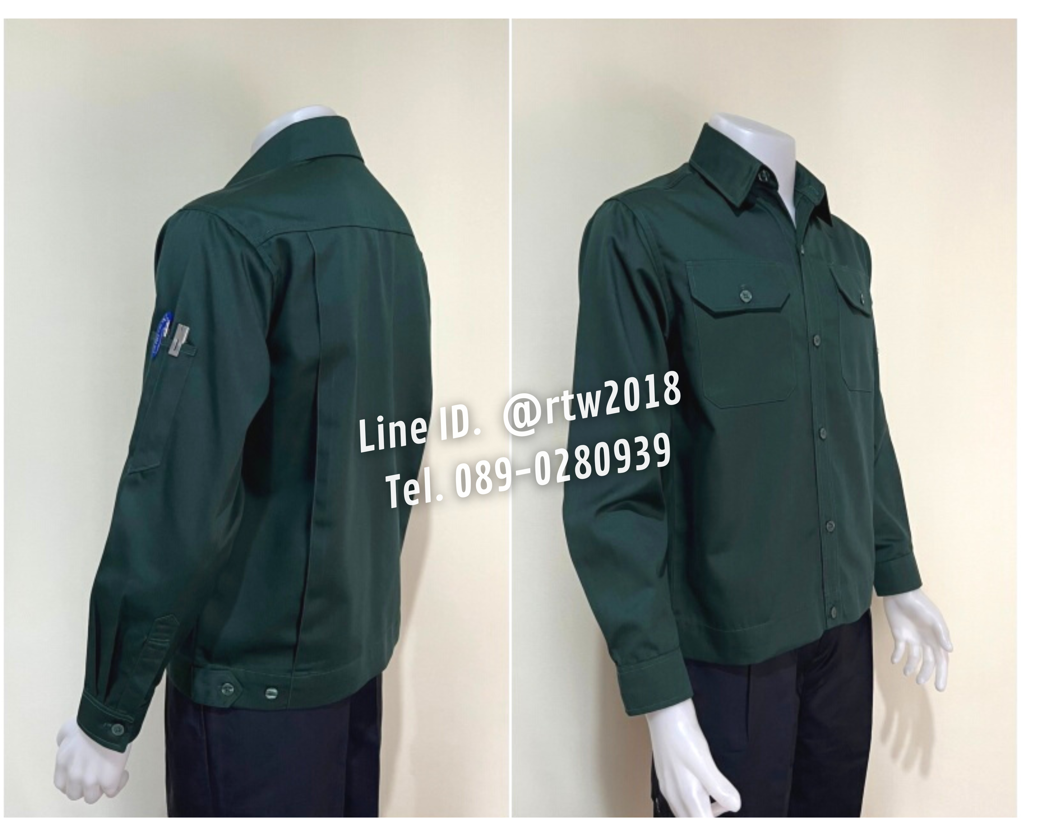 รหัส AB1.4 : เสื้อช่างแขนยาวผ้าคอมทวิวสีเขียวแก่ล้วน