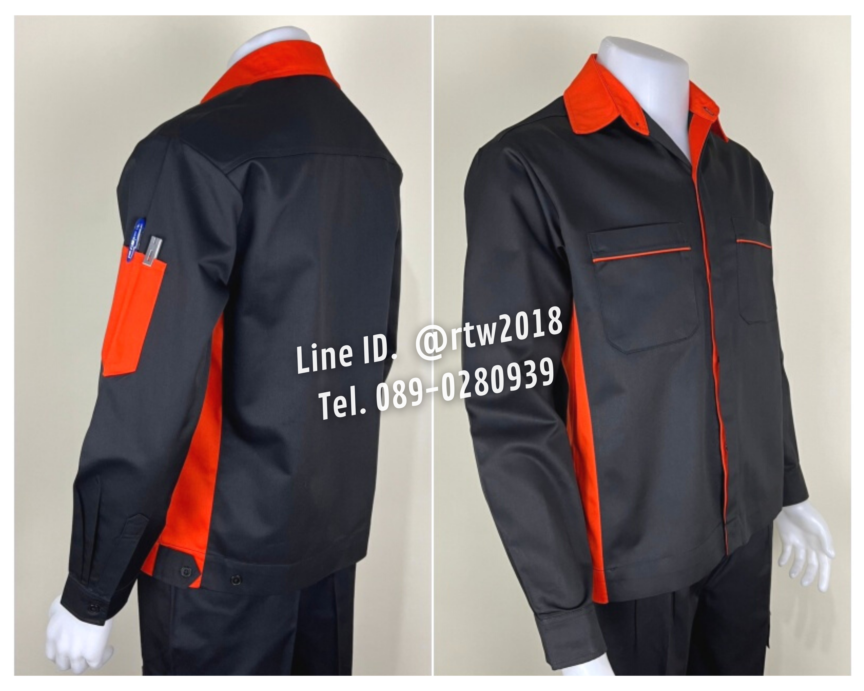 รหัส AB11.5 : เสื้อช่างแขนยาวผ้าคอมทวิวสีดำข้างส้ม (ซ่อนสาบ)