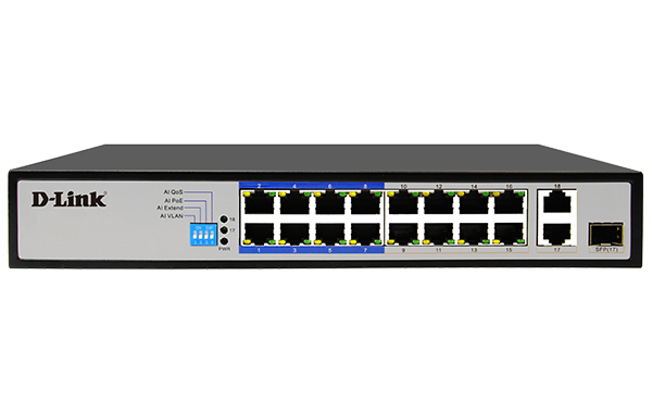 D-Link DES-F1018P-E 16 Port 10/100Mbps PoE/PoE+ Switch, Uplink 1 Gigabit Port + 1 Combo (UTP/SFP) Port, PoE Budget 150 Watts., Metal Case