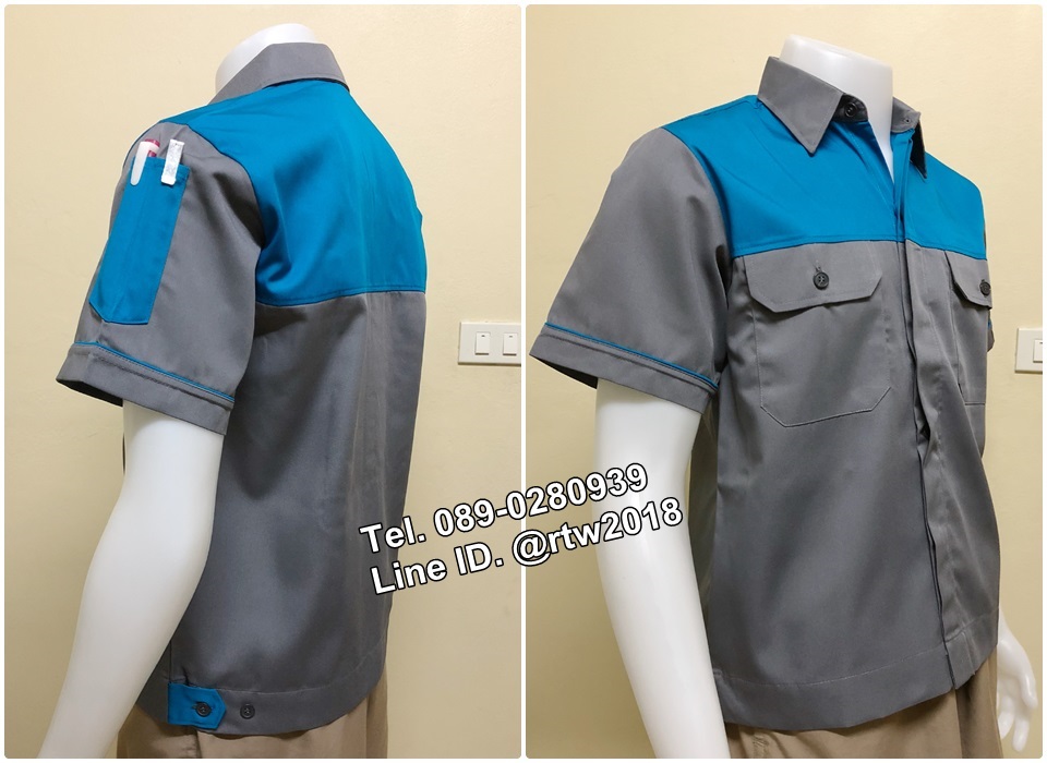 เสื้อช่างแขนสั้นแบบเทาอกฟ้ากระดุมซ่อนสาบ (รหัส A35)