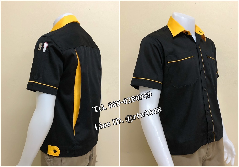 เสื้อช่างแขนสั้นแบบดำกุ้นเหลือง (รหัส A79)