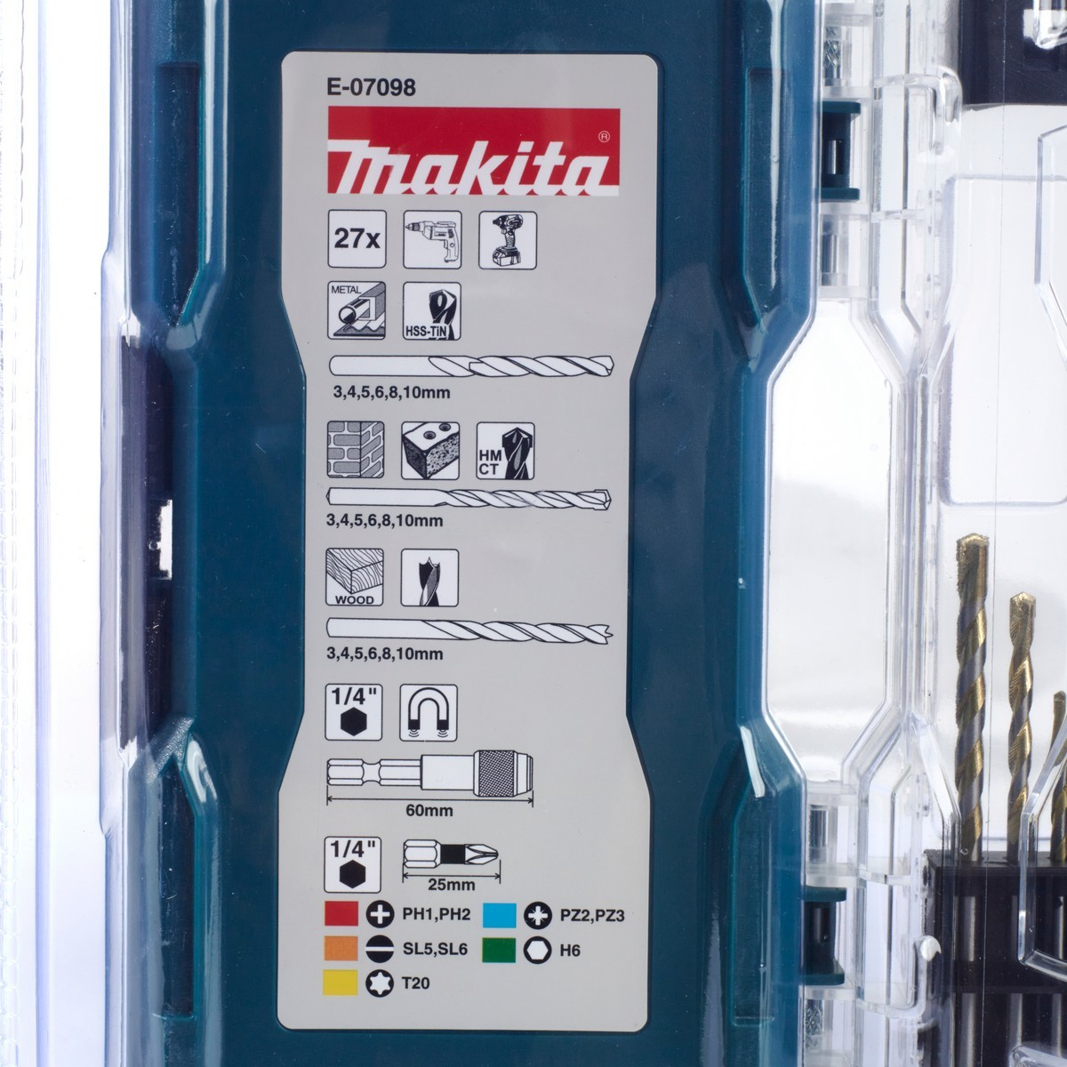 MAKITA E-07098 ชุดดอกสว่าน เจาะเหล็ก+ปูน+ไม้+ดอกไขควง+แกน (27ชิ้น)