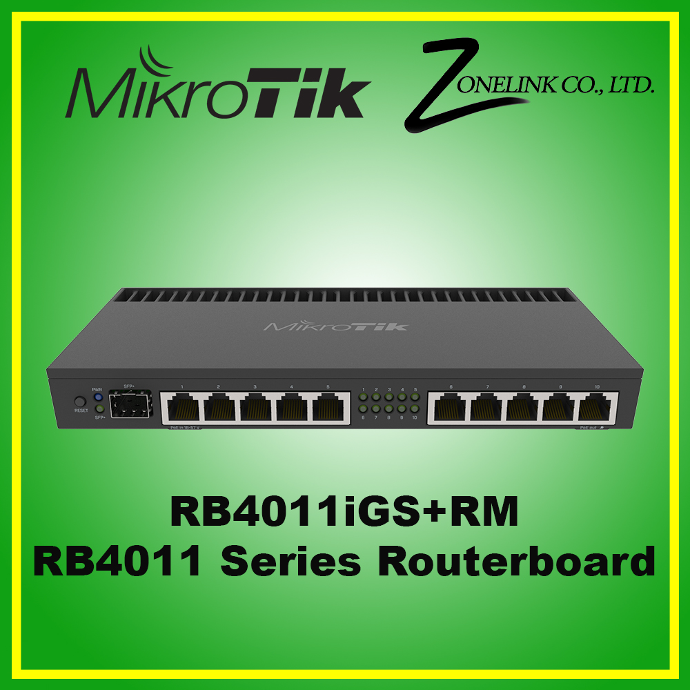 RB4011iGS+RM Powerful 10xGigabit port router with a Quad-core 1.4Ghz CPU, 1GB RAM, SFP+ 10Gbps cage and desktop case with rack ears สินค้าราคารวมVAT