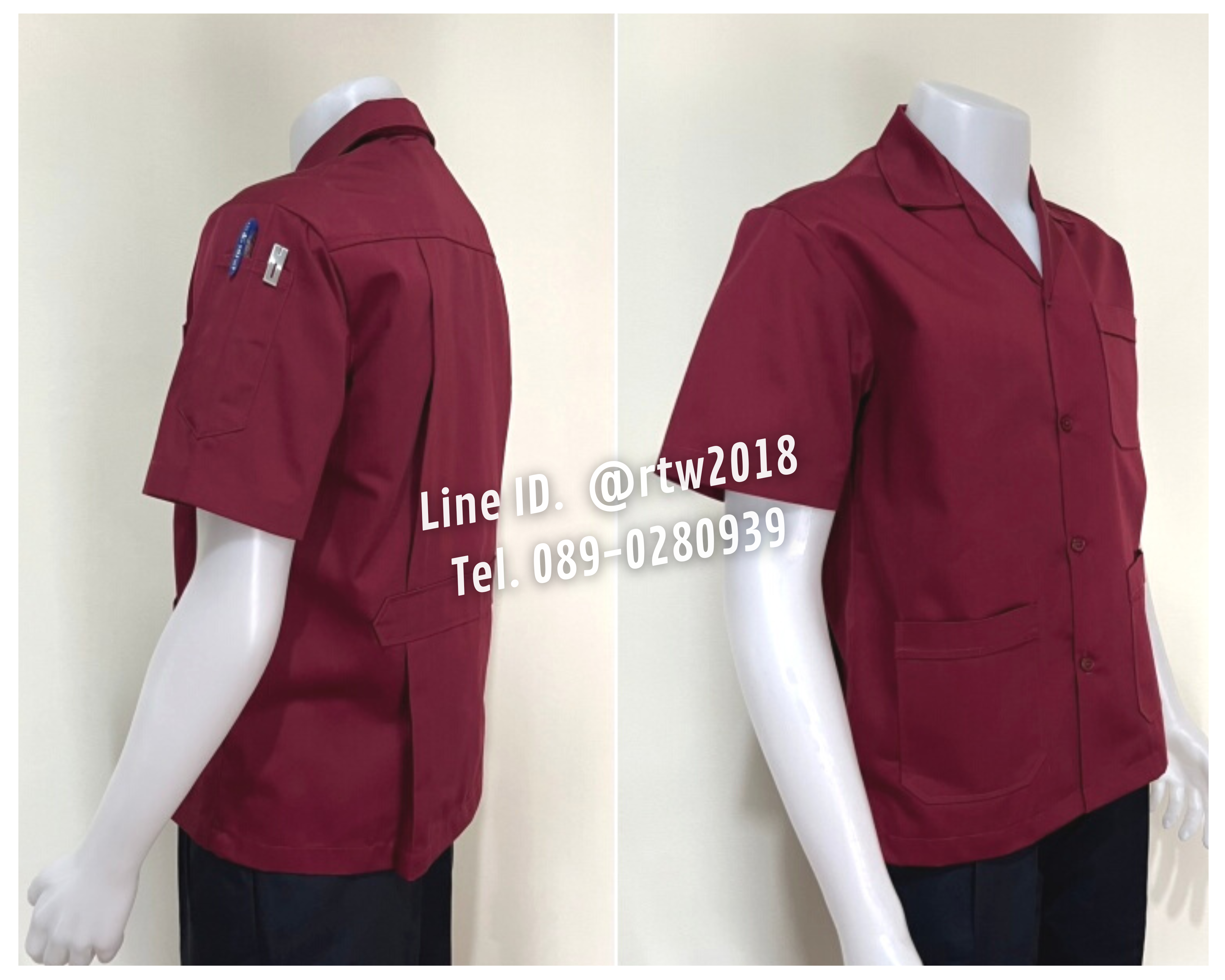 รหัส A1.8 : เสื้อช่างแขนสั้นผ้าคอมทวิวสามกระเป๋าสีเลือดหมูล้วน