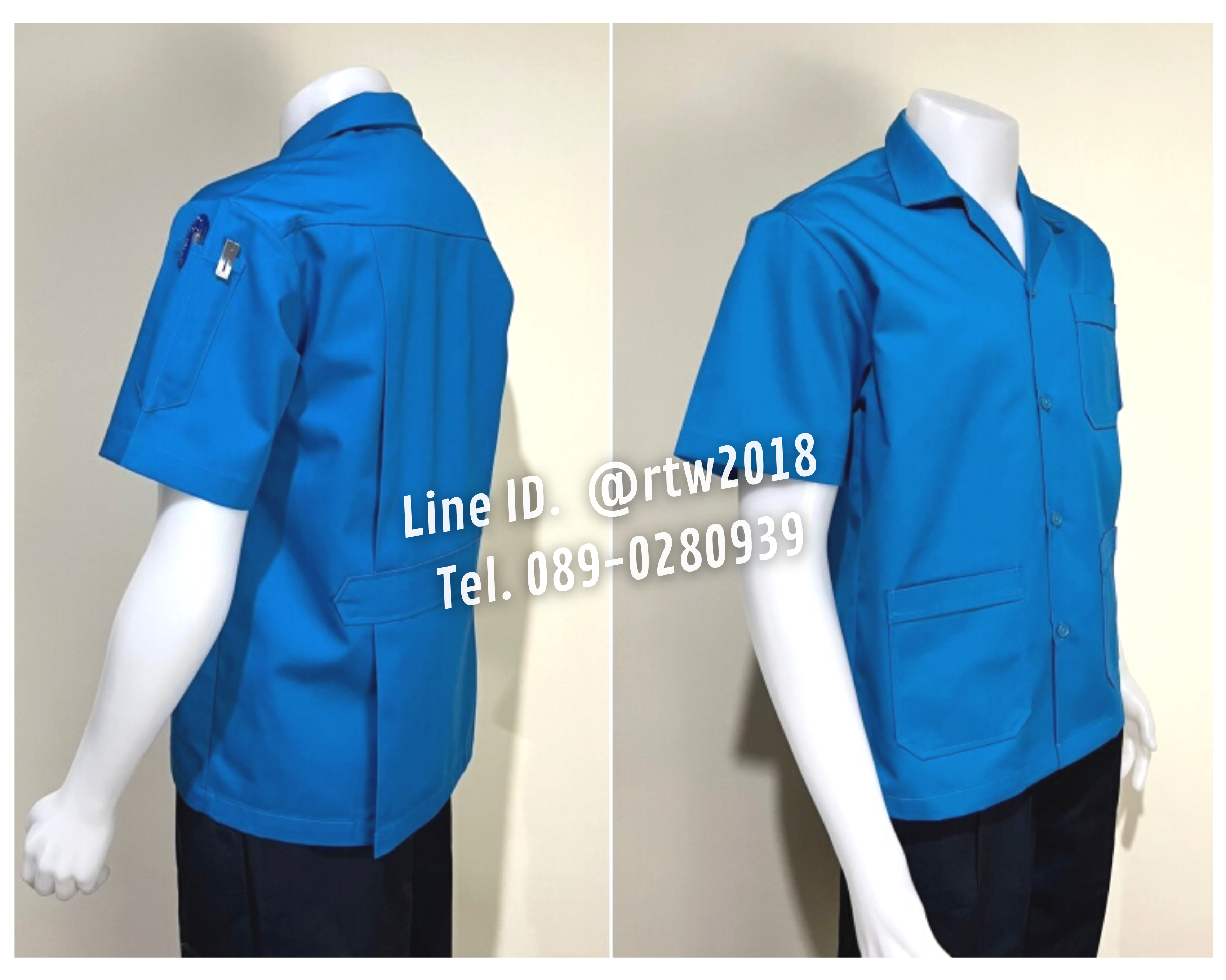 รหัส A1.3 : เสื้อช่างแขนสั้นผ้าคอมทวิวสามกระเป๋าสีฟ้าเข้มล้วน